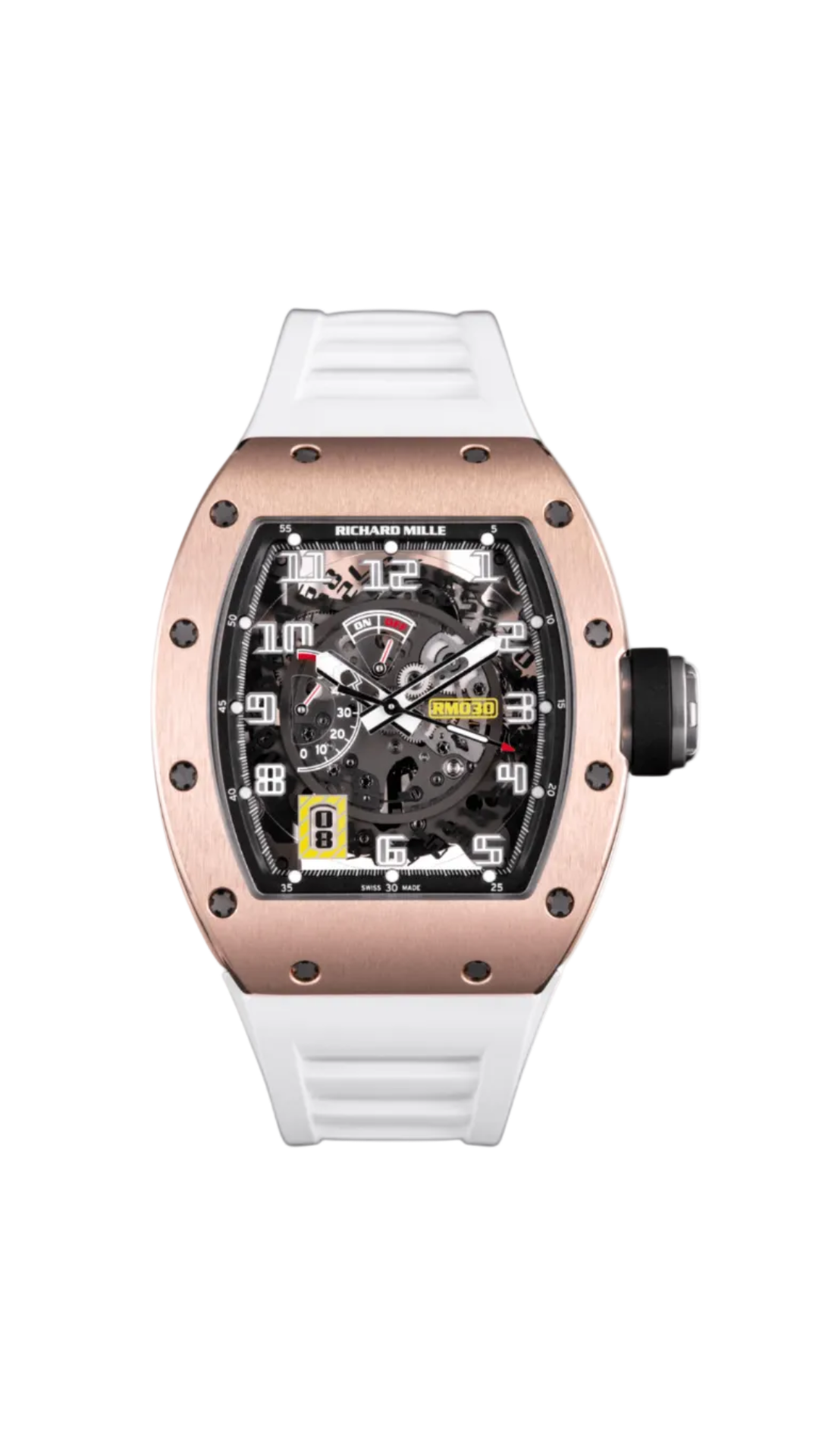 Richard Mille RM30 Rose and Titanium watch with black strap, showcasing the luxury timepiece&