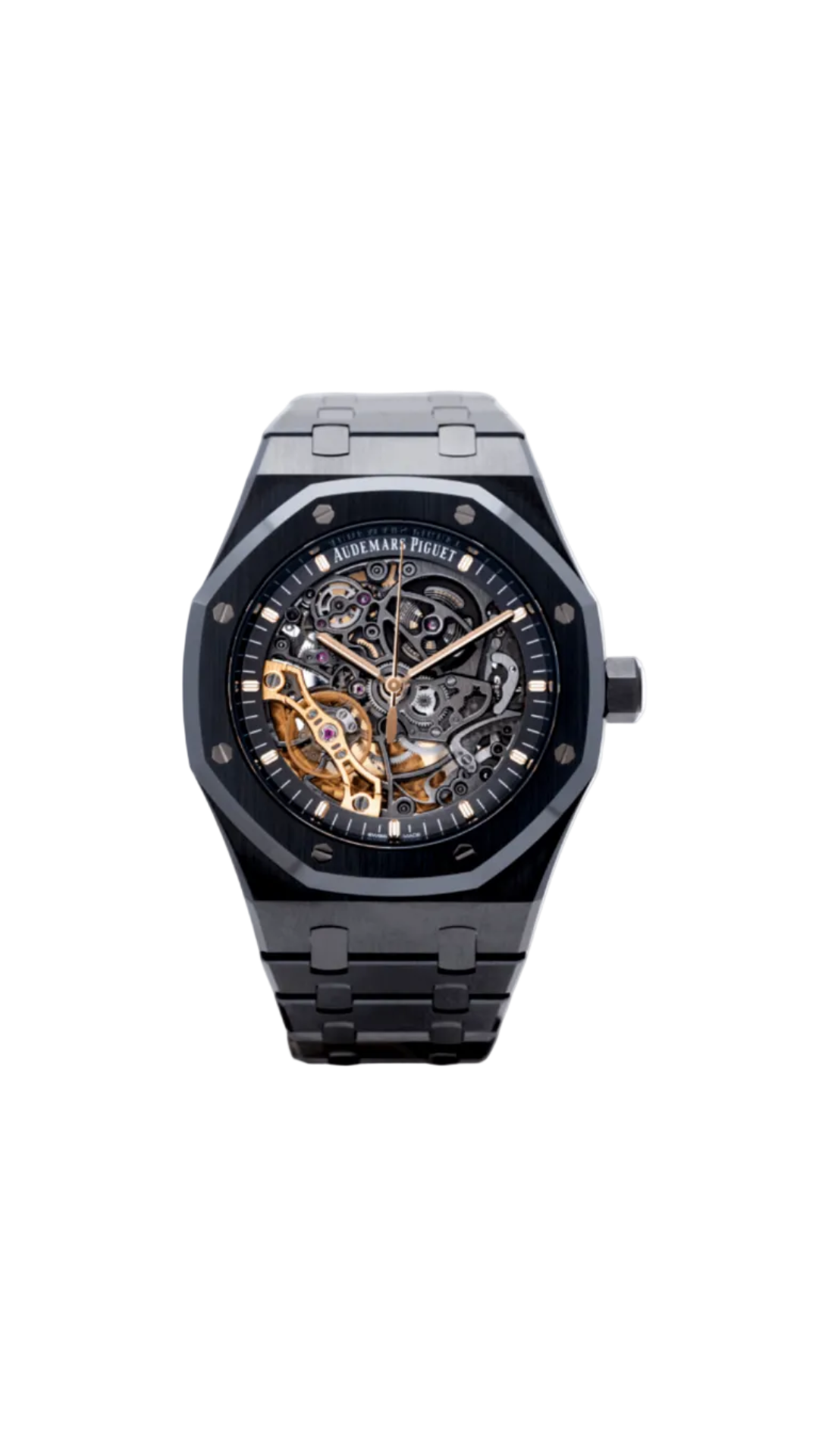 Audemars Piguet Royal Oak Ceramic Skeleton watch with black dial, silver accents, and visible intricate movement details.