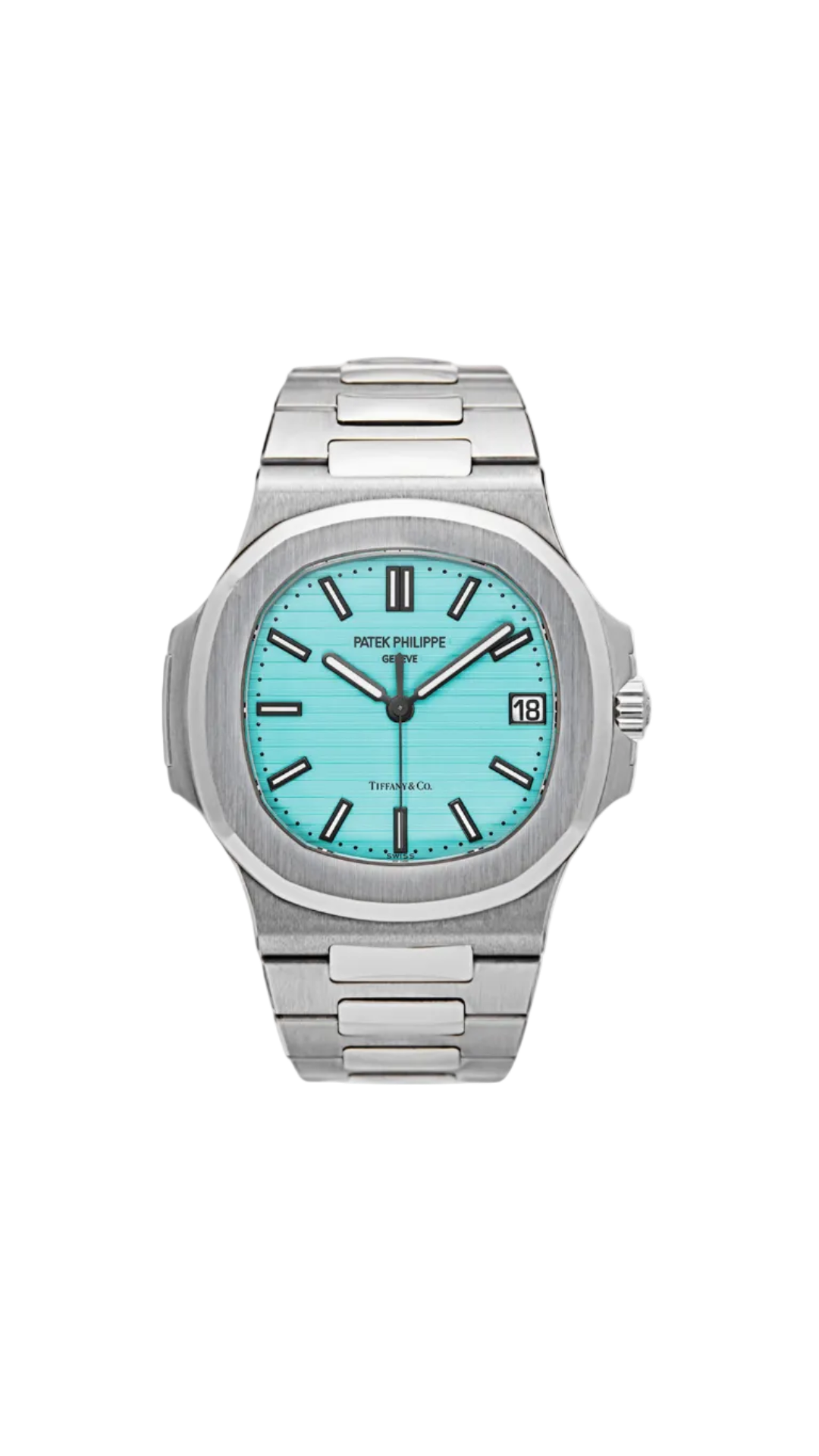 Patek Philippe Nautilus 5711 Tiffany & Co. 170th Anniversary watch with blue dial and stainless steel bracelet, displayed on a white background.