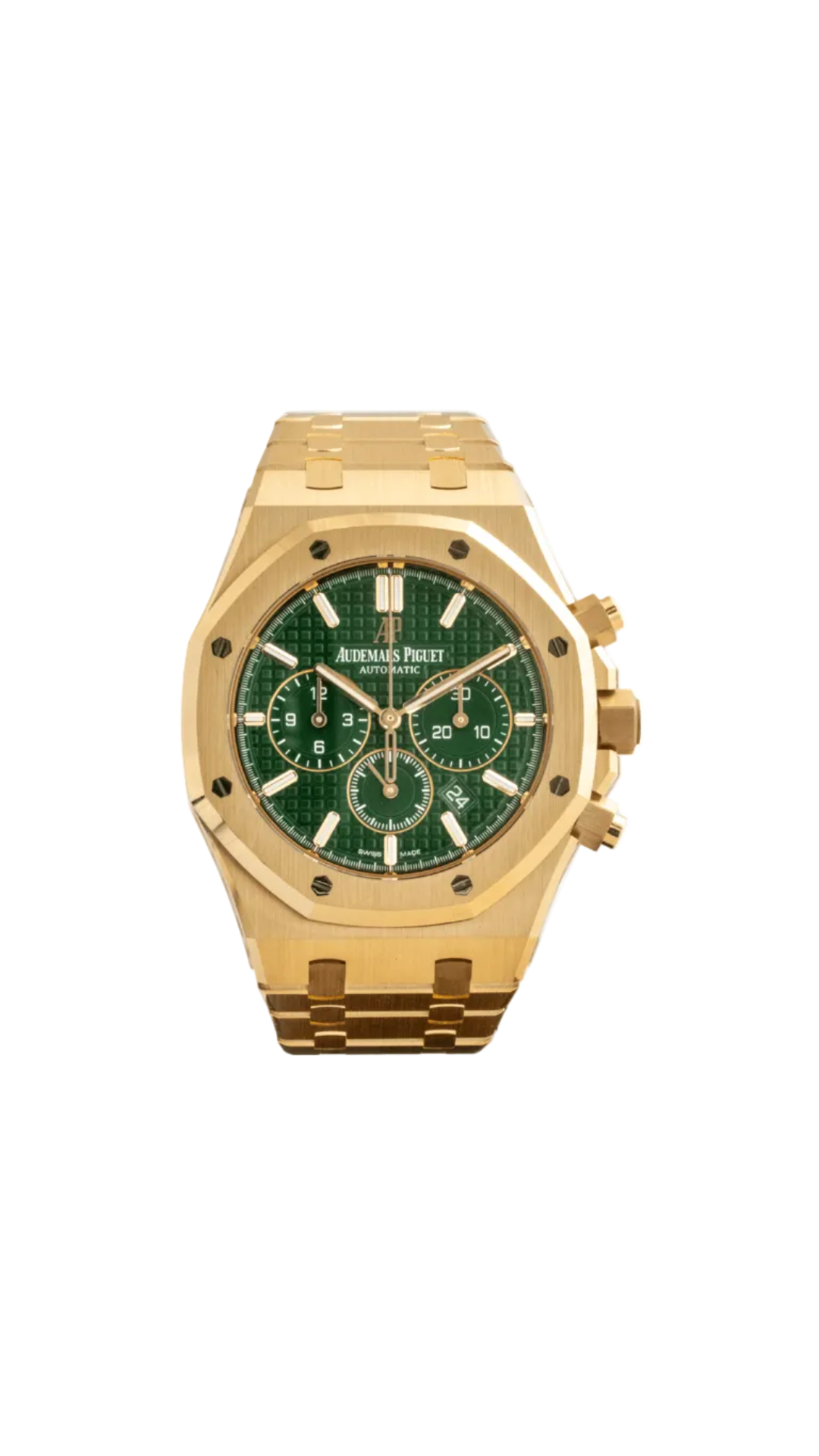 Audemars Piguet Royal Oak 41mm selfwinding chronograph watch with yellow gold case and green dial, showing the detailed dial and bracelet.