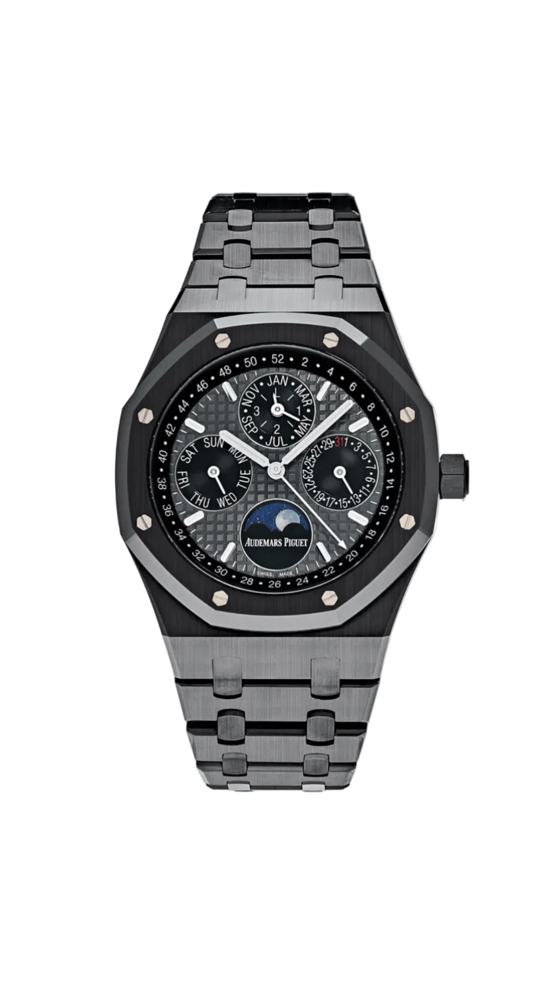 Audemars Piguet Royal Oak ceramic watch with perpetual calendar, silver dial, and stainless steel case.