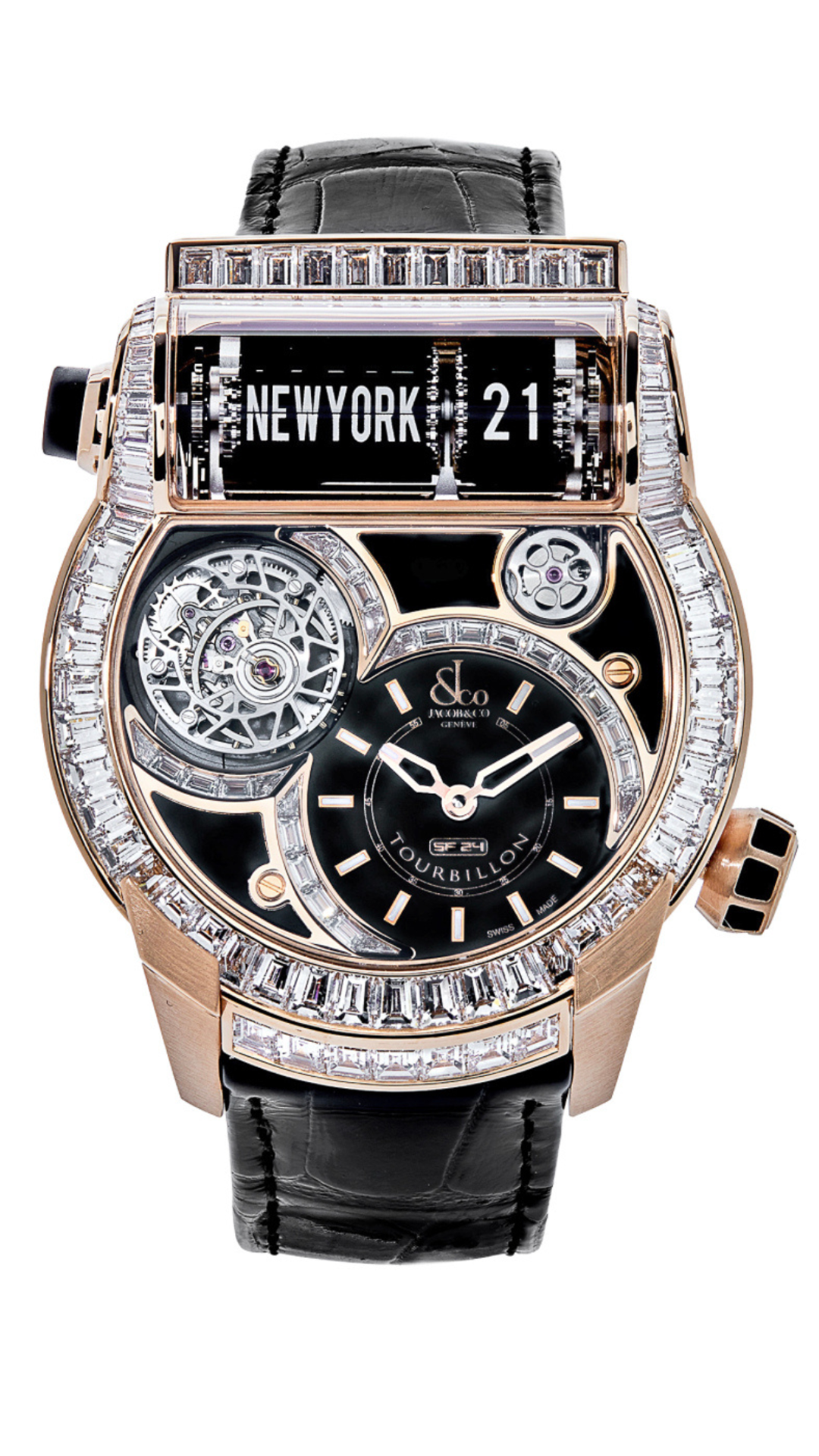 Jacob & Co Epic SF24 watch with black dial, gold case, and leather strap, showcasing luxury and intricate design details.