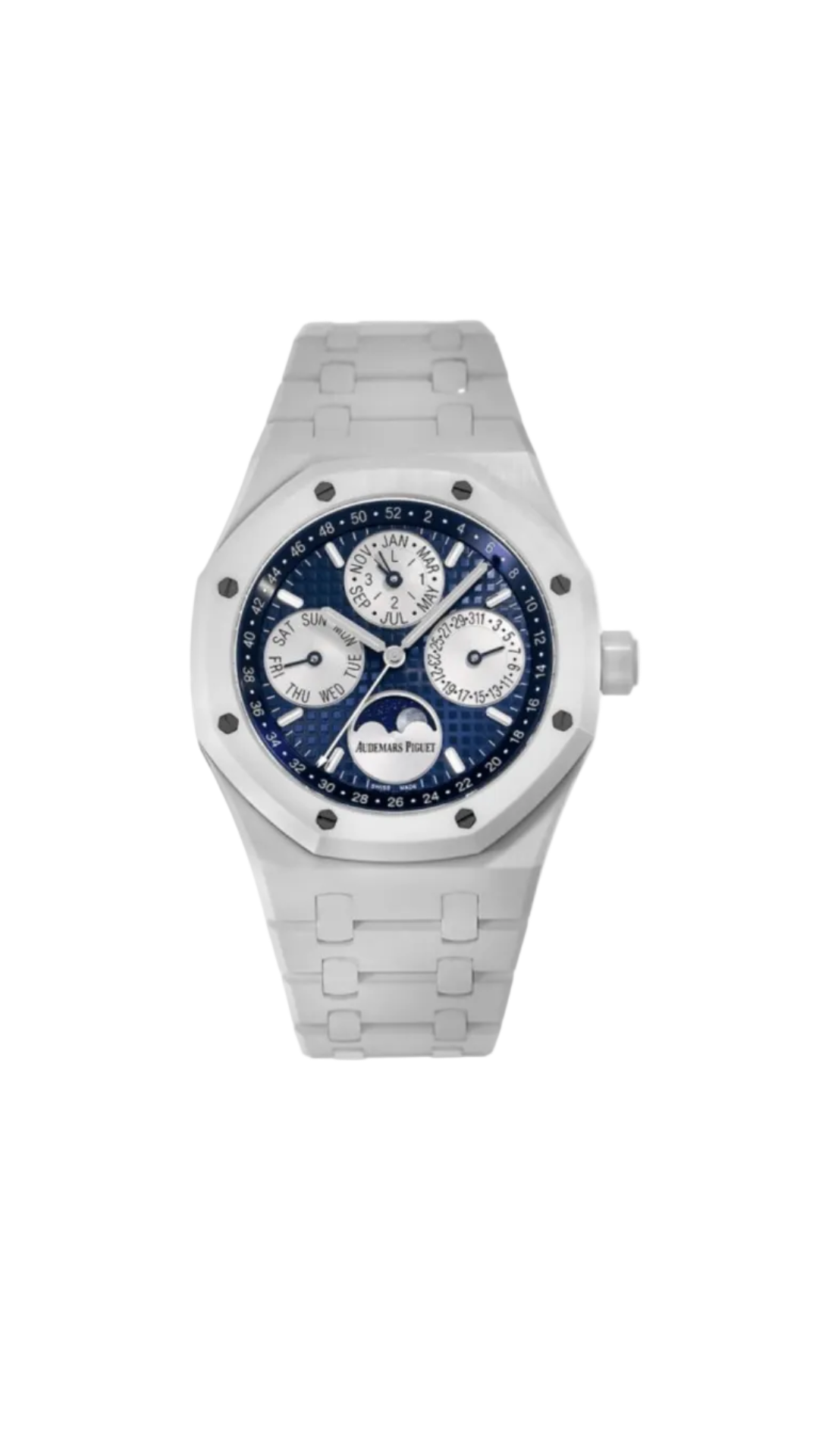 Audemars Piguet Royal Oak Perpetual Calendar watch with blue dial, gold case, and stainless steel bracelet, showing date and moon phase.