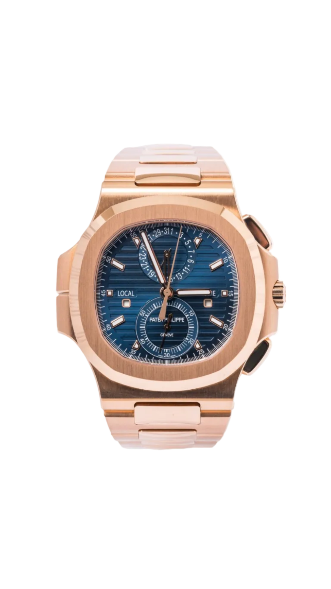 Luxurious Patek Philippe Nautilus 5990/1R watch with gold case and bracelet, featuring a black dial and chronograph functions.