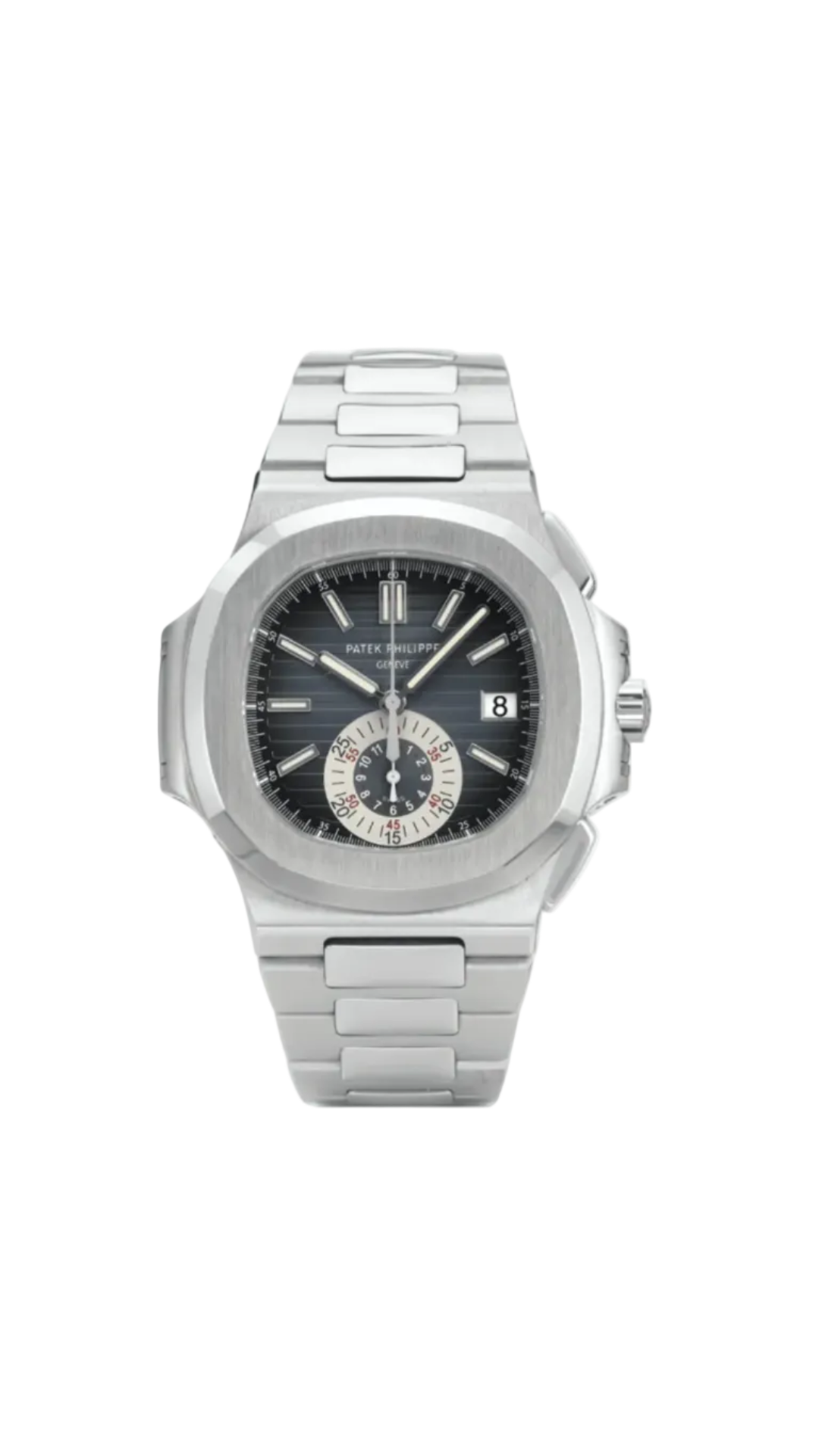 Patek Philippe Nautilus 5980/1A luxury stainless steel watch with black dial and chronograph features.