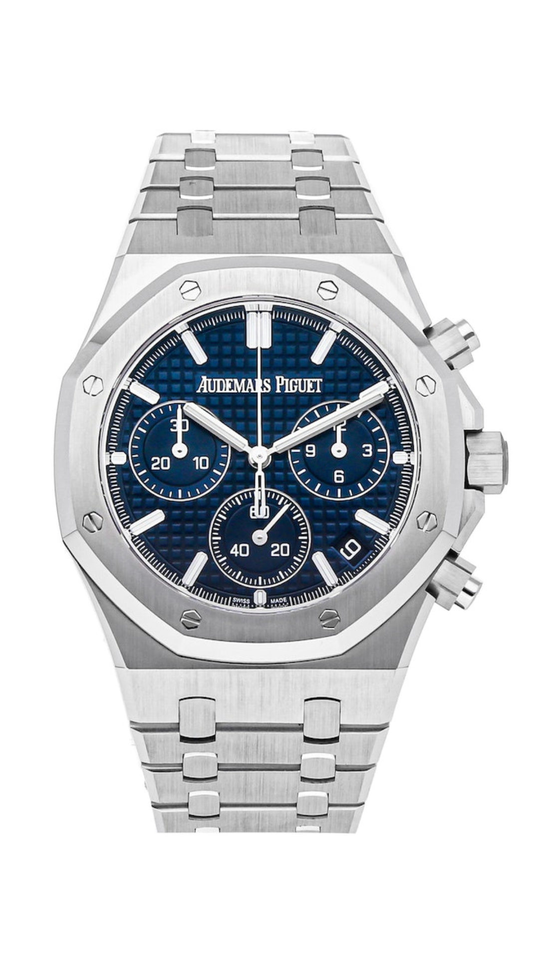 Audemars Piguet Royal Oak 50th Anniversary watch with stainless steel case, octagonal bezel, and silver dial.