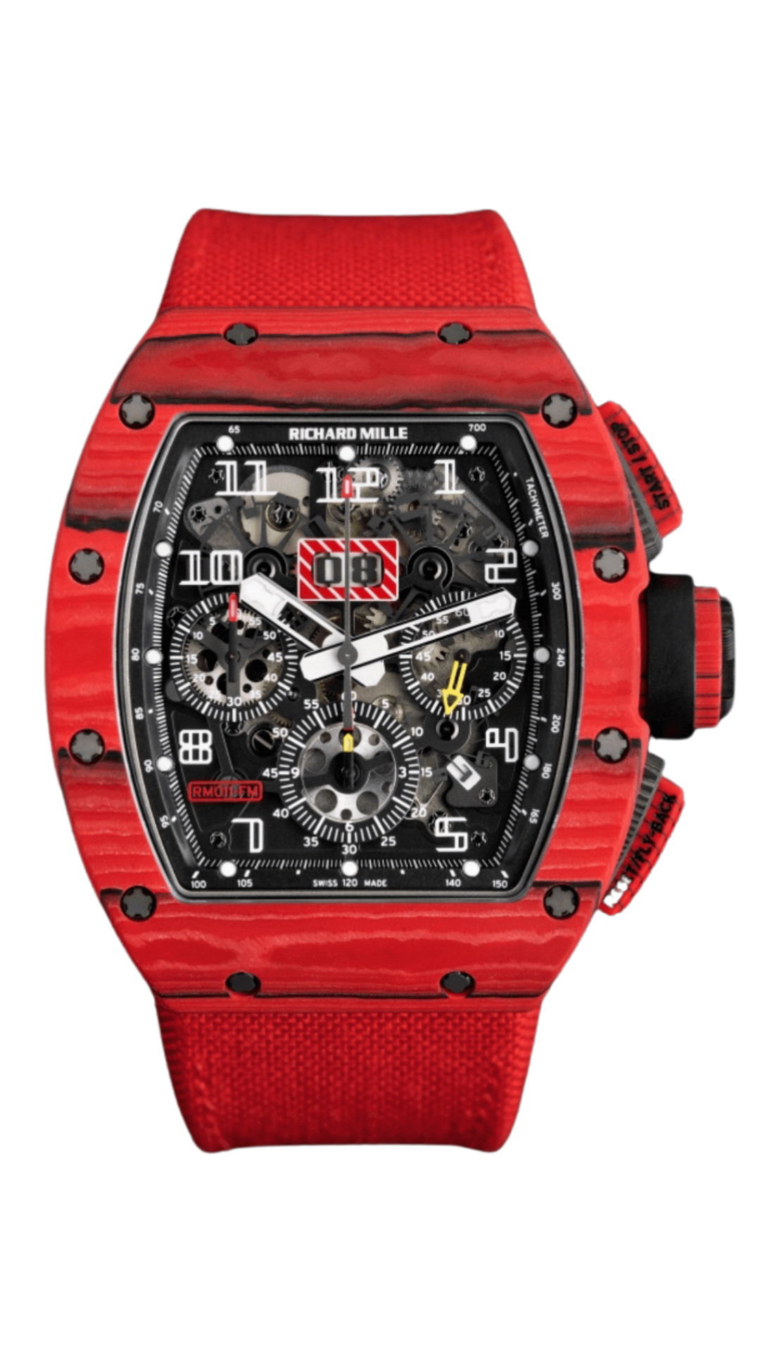 Richard Mille RM11 RED FQ TPT luxury watch by The VAULT with red accents and textured TPT case, displayed on a white background.