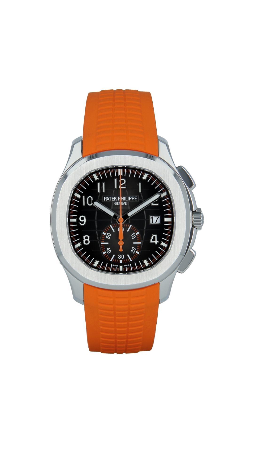 Patek Philippe Aquanaut 5968A-001 luxury watch with stainless steel case and black textured dial, displayed on a watch stand.