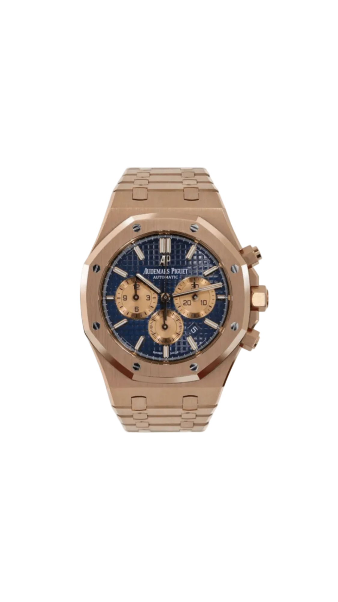Audemars Piguet Royal Oak Chronograph watch with gold case, black dial, and silver subdials, showcasing its luxury design.