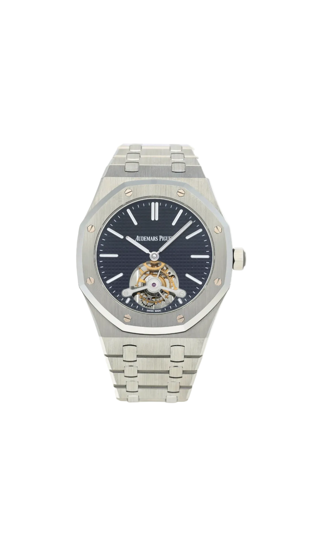 Audemars Piguet Royal Oak Tourbillon watch with stainless steel case, visible tourbillon movement, and intricate dial details.