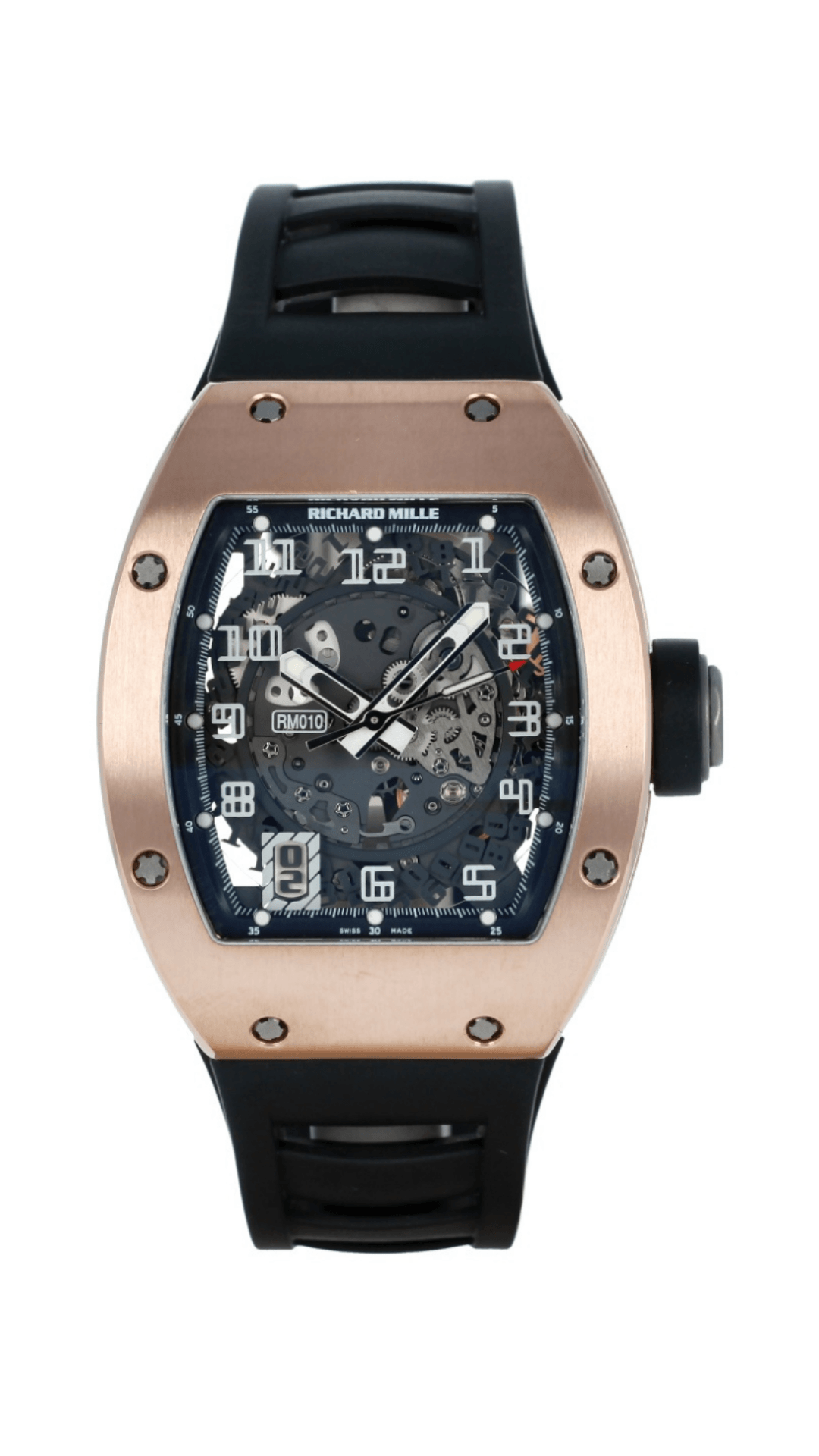 Luxury Richard Mille RM10 RG watch with rose gold case, intricate dial, and high-end craftsmanship, displayed on a neutral background.