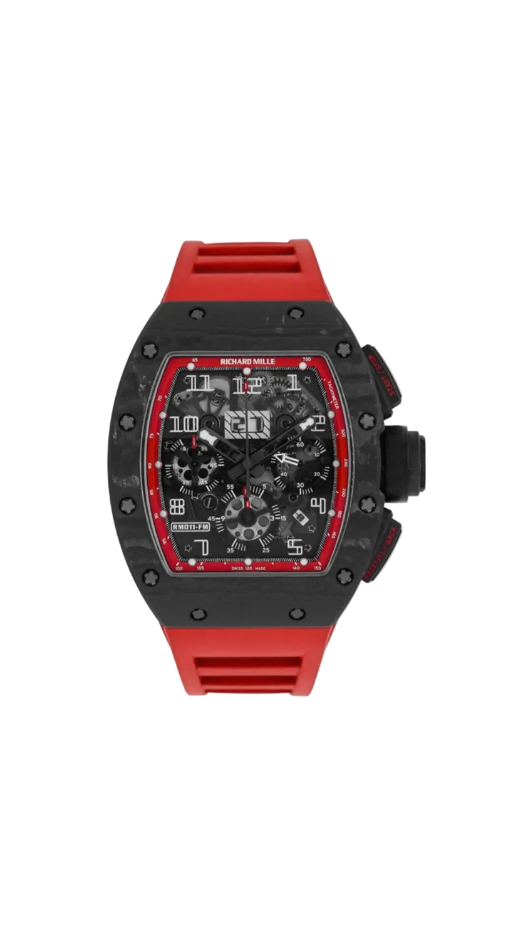 Richard Mille RM11 ‘Black Night’ NTPT luxury watch with black carbon fiber case and intricate dial details.