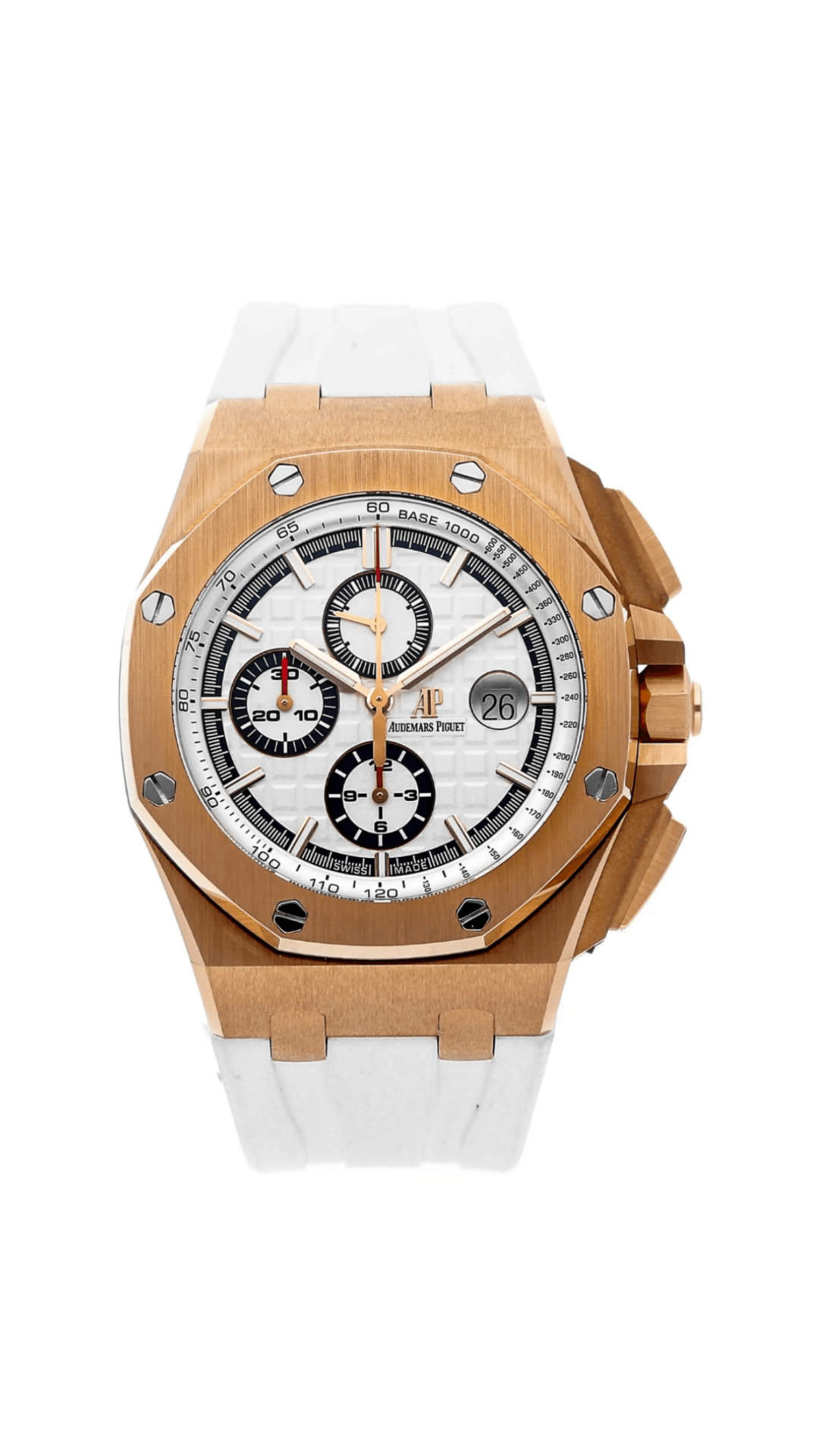 Audemars Piguet Royal Oak Offshore Summer Byblos watch with gold case, silver dial, and sporty design.