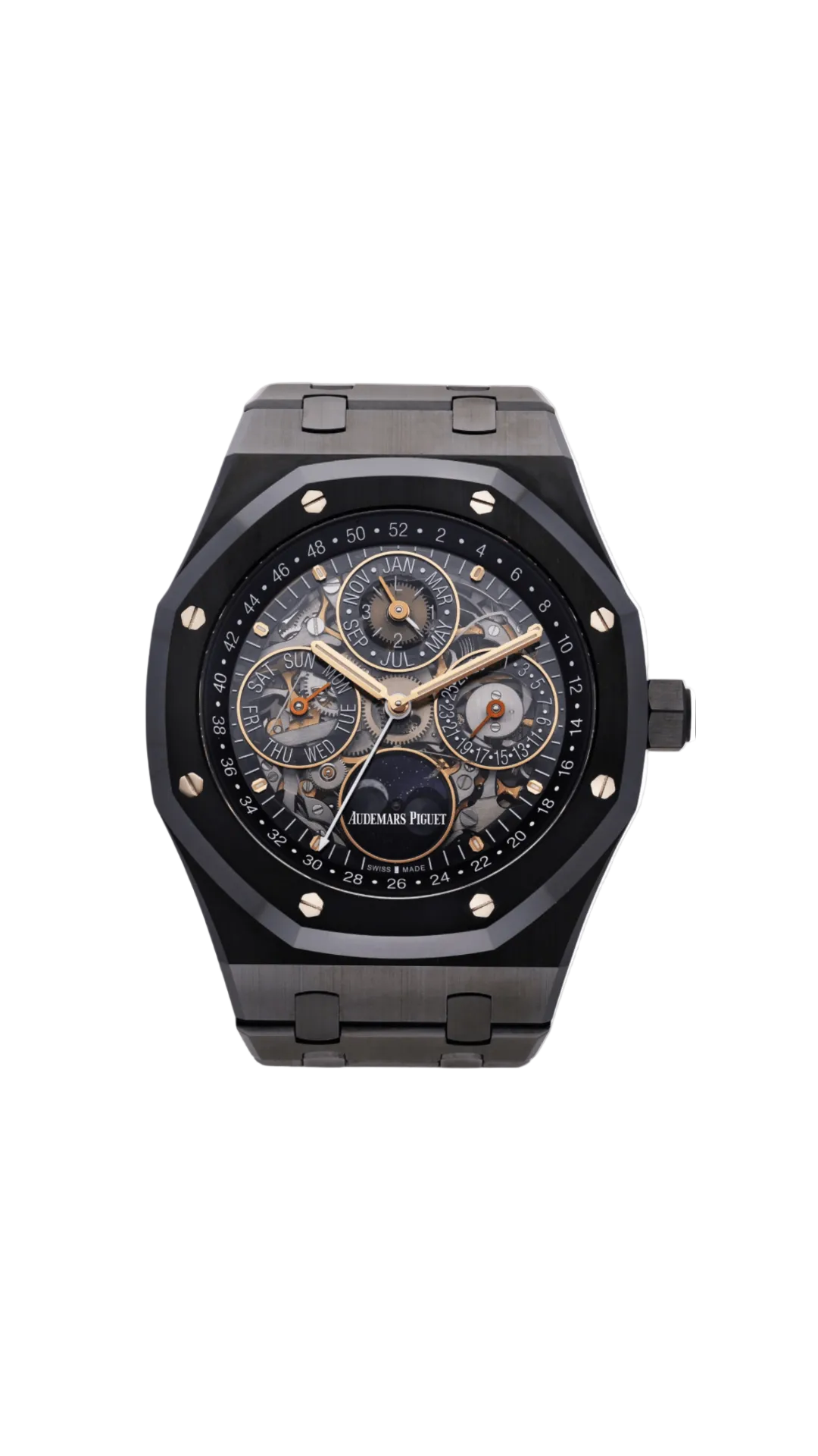 Audemars Piguet Royal Oak Open-worked Perpetual Calendar watch with intricate skeleton dial and stainless steel case.