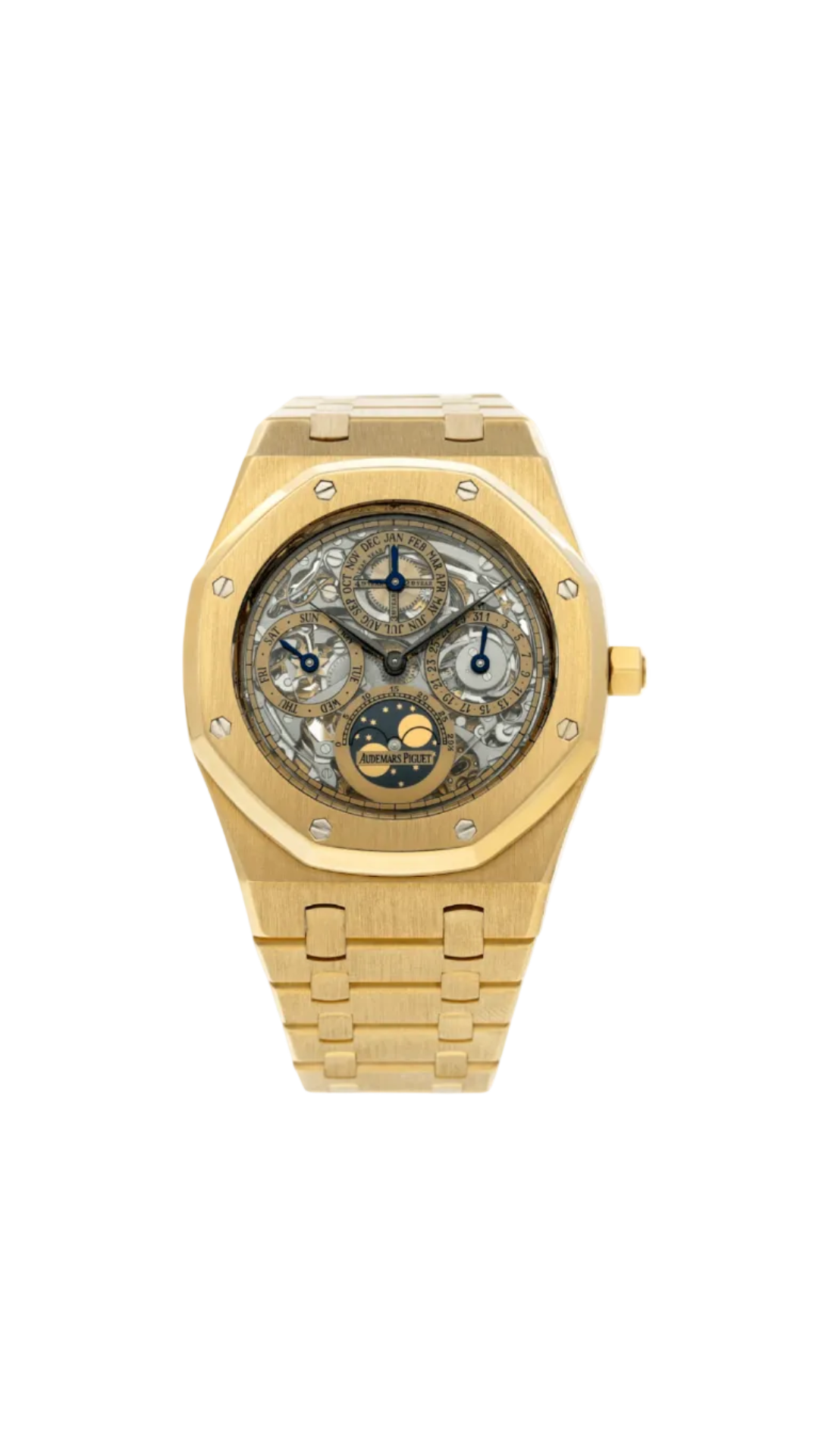 Audemars Piguet Royal Oak Perpetual Calendar watch with gold case, black dial, and detailed calendar features.