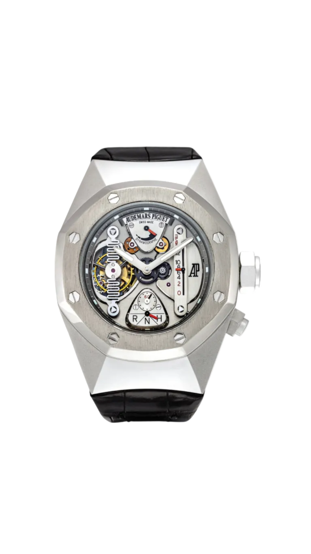 Audemars Piguet Royal Oak Concept watch with black skeleton dial, silver case, and intricate chronograph details.