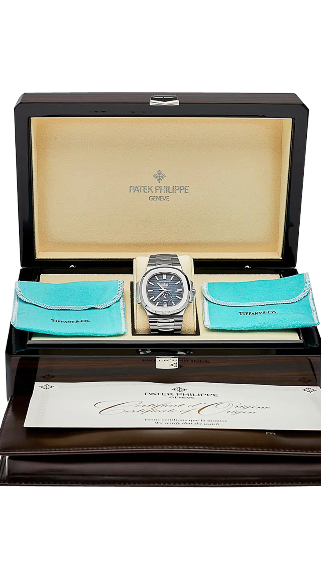 Patek Philippe Nautilus 5726/1A-014 Tiffany & Co luxury watch with stainless steel case and dark dial, displayed on a white background