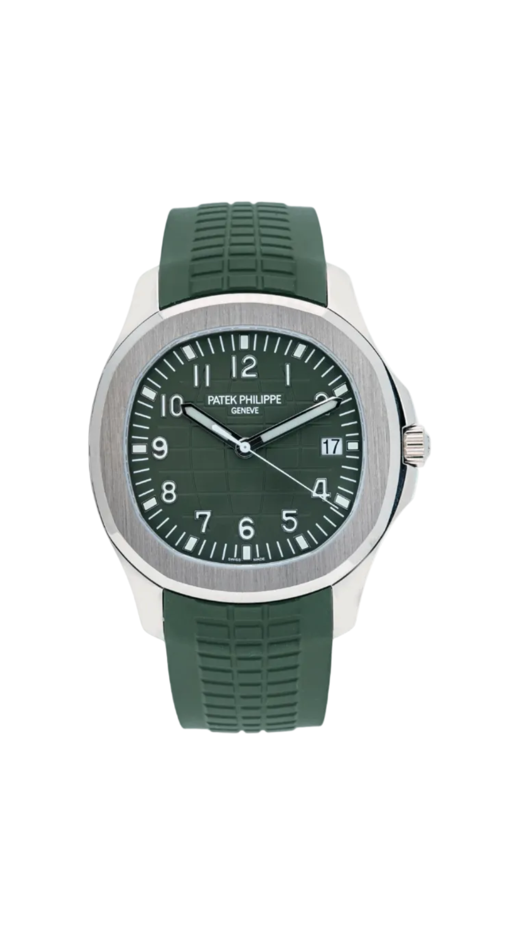 Patek Philippe 5168G Aquanaut watch with khaki green dial and stainless steel case, shown on a wrist with a textured strap.