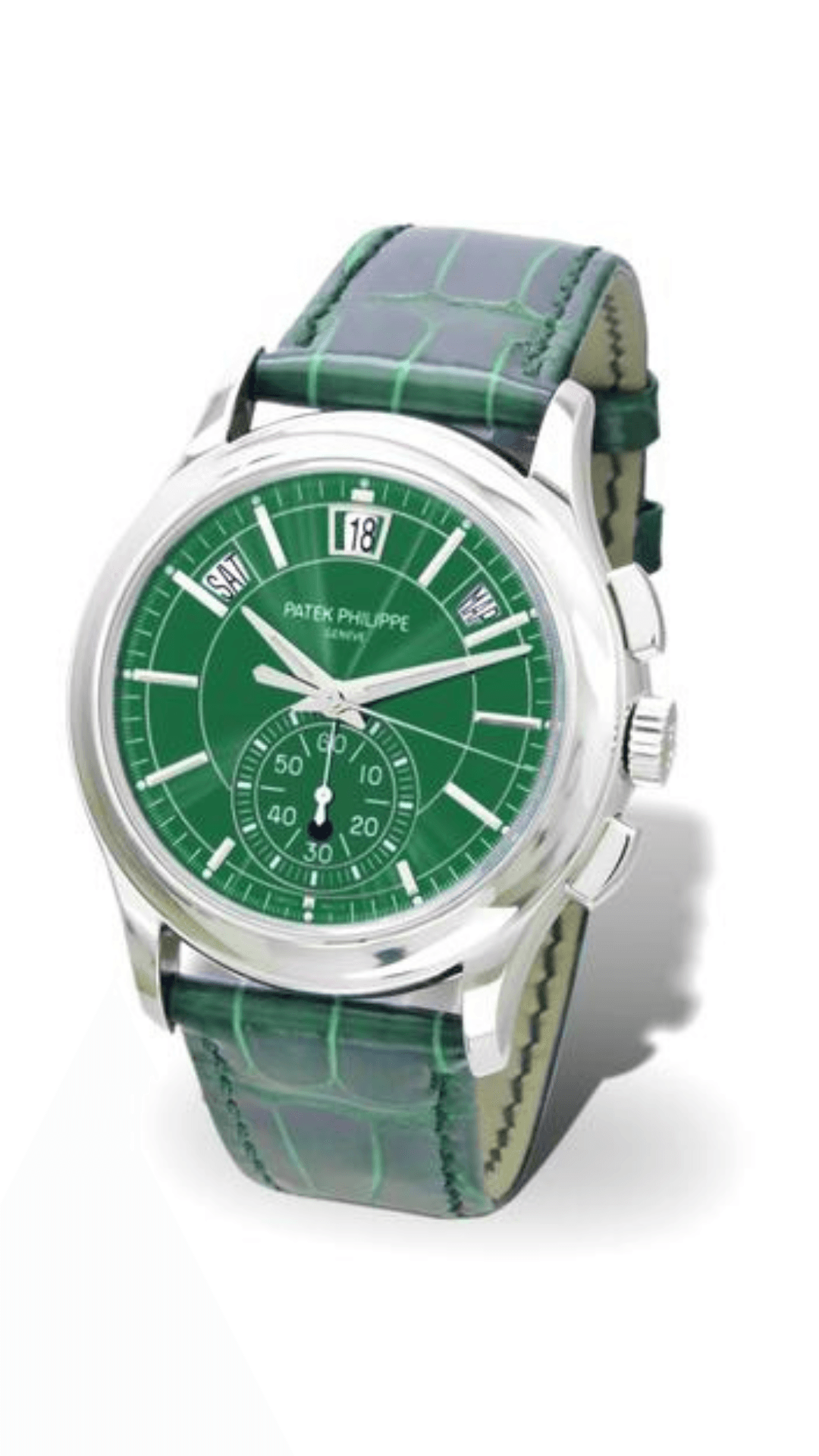 Patek Philippe Annual Calendar Chronograph 5905P-014 watch with blue dial and platinum case, featuring leather strap.
