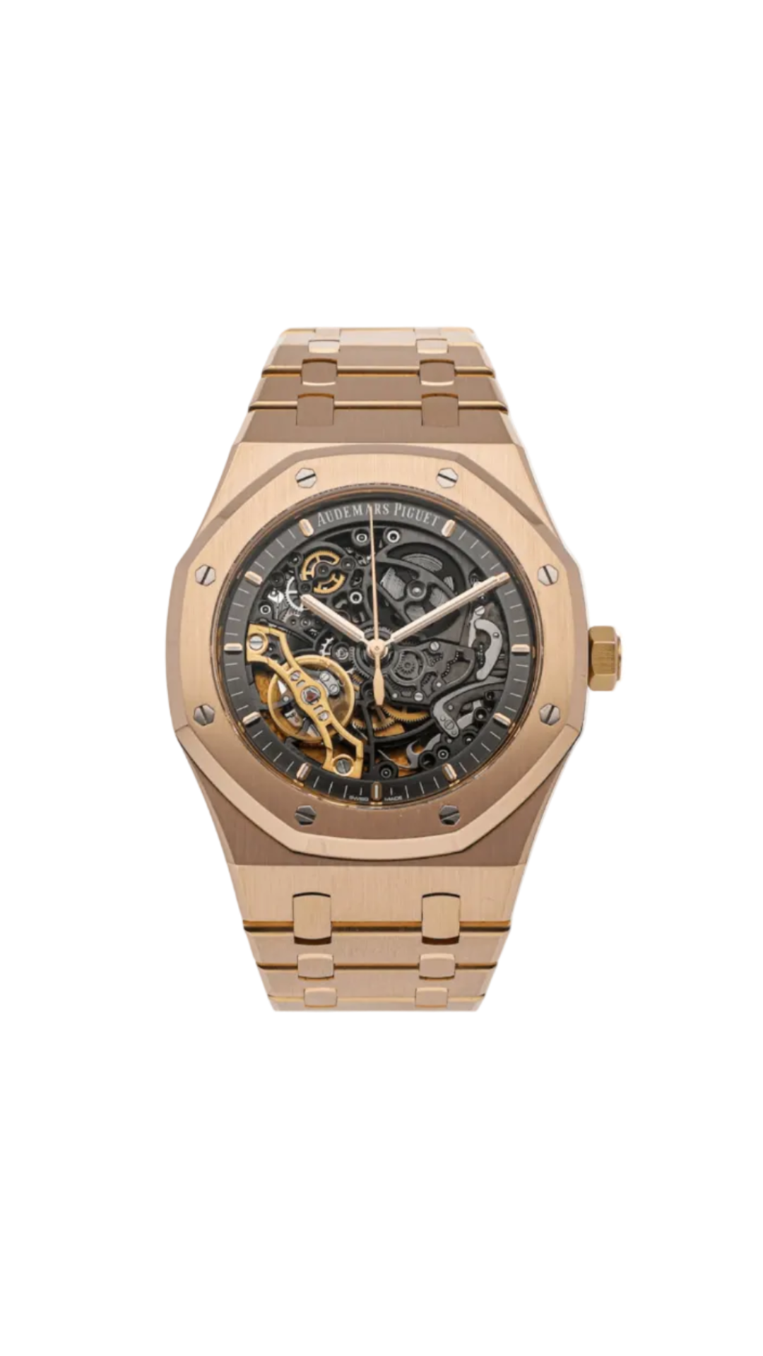 Audemars Piguet Royal Oak Double Balance Skeleton watch with gold case and intricate open-worked dial showing internal mechanisms.