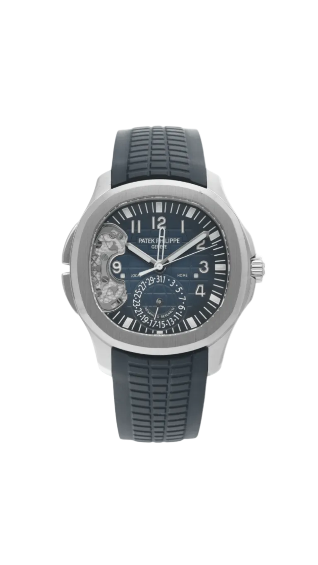 Patek Philippe Aquanaut Travel Time 5650G luxury watch with stainless steel case and black dial, displayed on a watch stand.