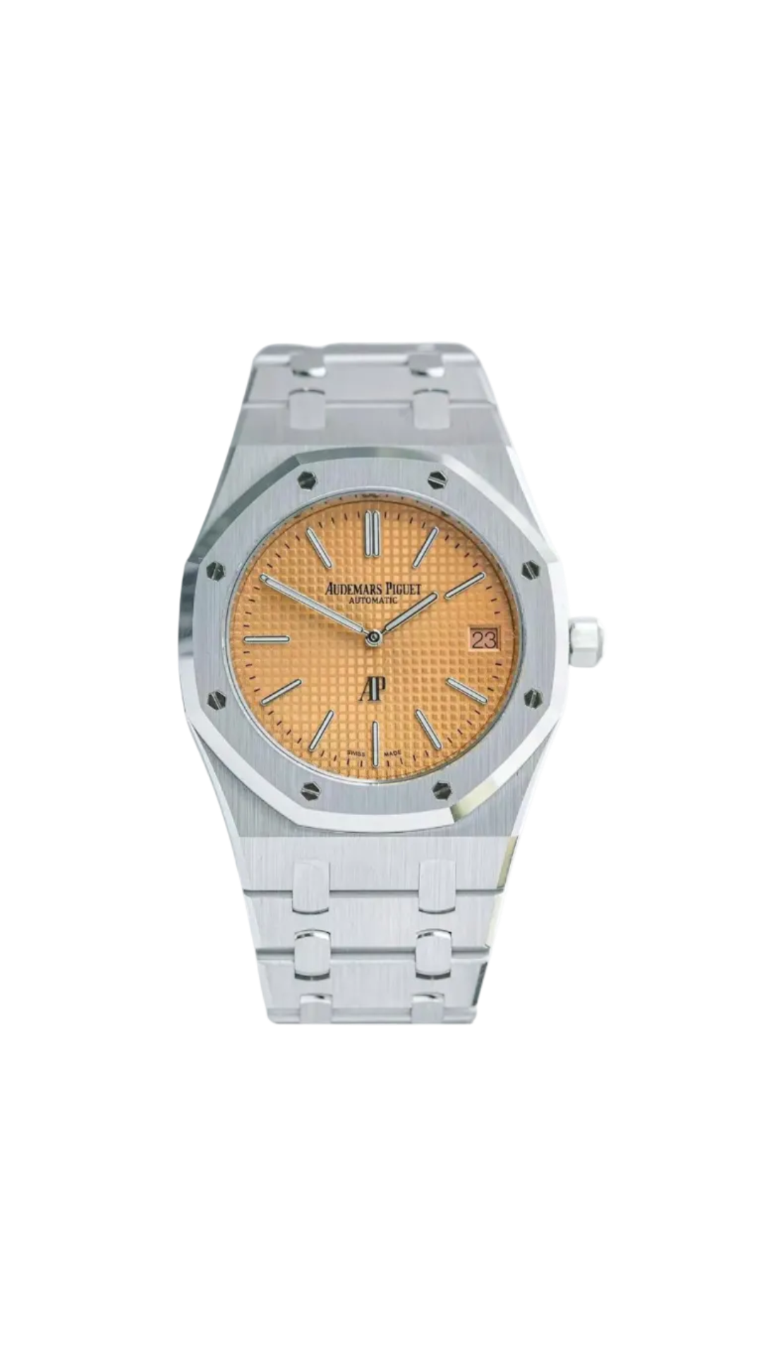 Audemars Piguet Royal Oak Jumbo Salmon dial luxury watch with stainless steel case and integrated bracelet, showcasing intricate design.