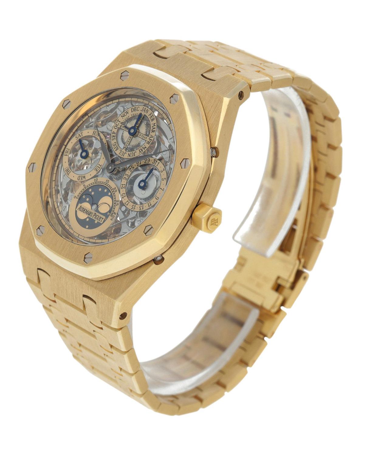 Audemars Piguet Royal Oak Perpetual Calendar watch in yellow gold with black dial and detailed calendar features.