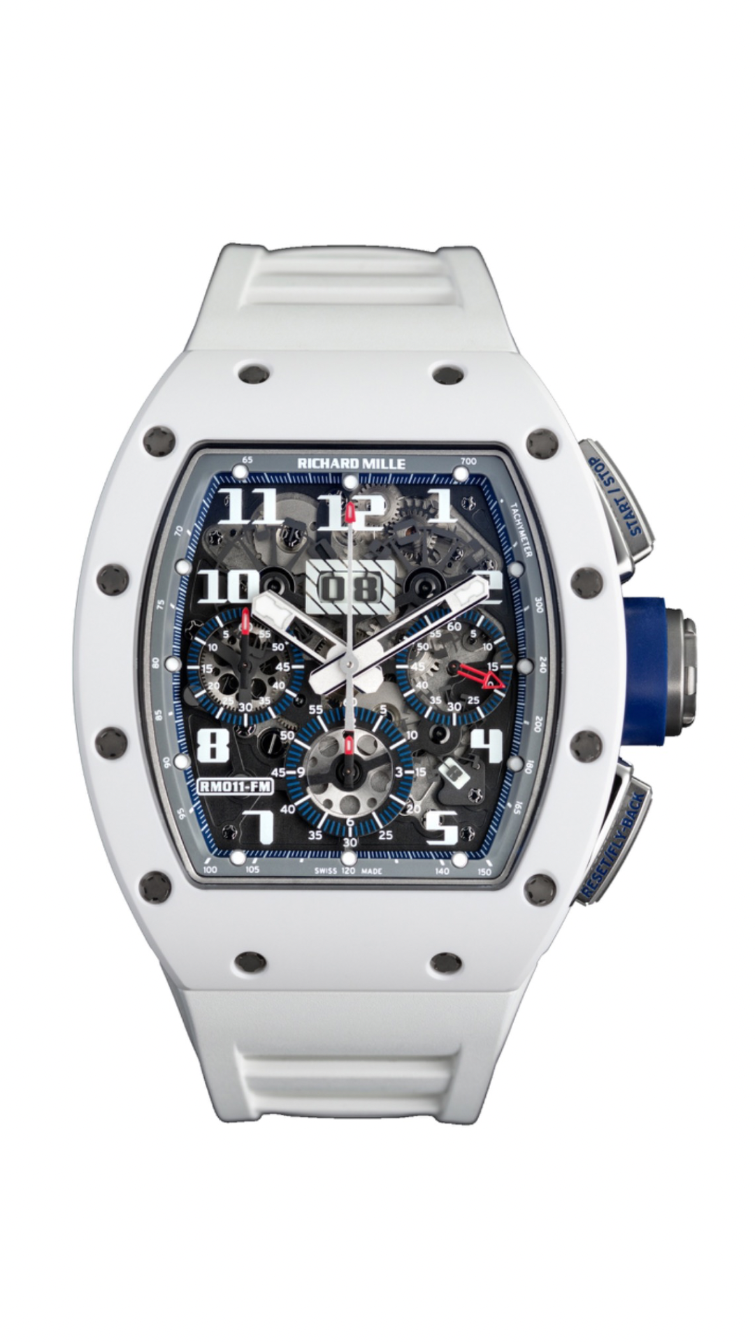 Richard Mille RM011 ‘St.Tropez’ white ceramic watch with a detailed dial and sporty design.