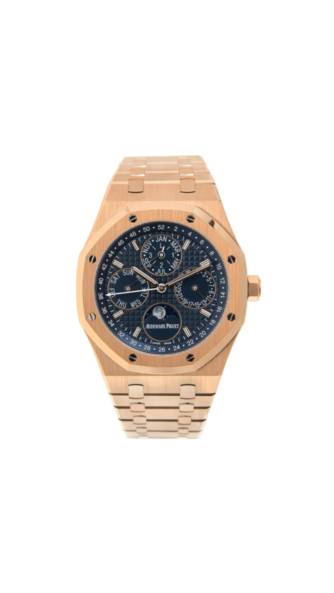 Audemars Piguet Royal Oak Perpetual Calendar watch with gold case, black dial, and detailed chronograph features.