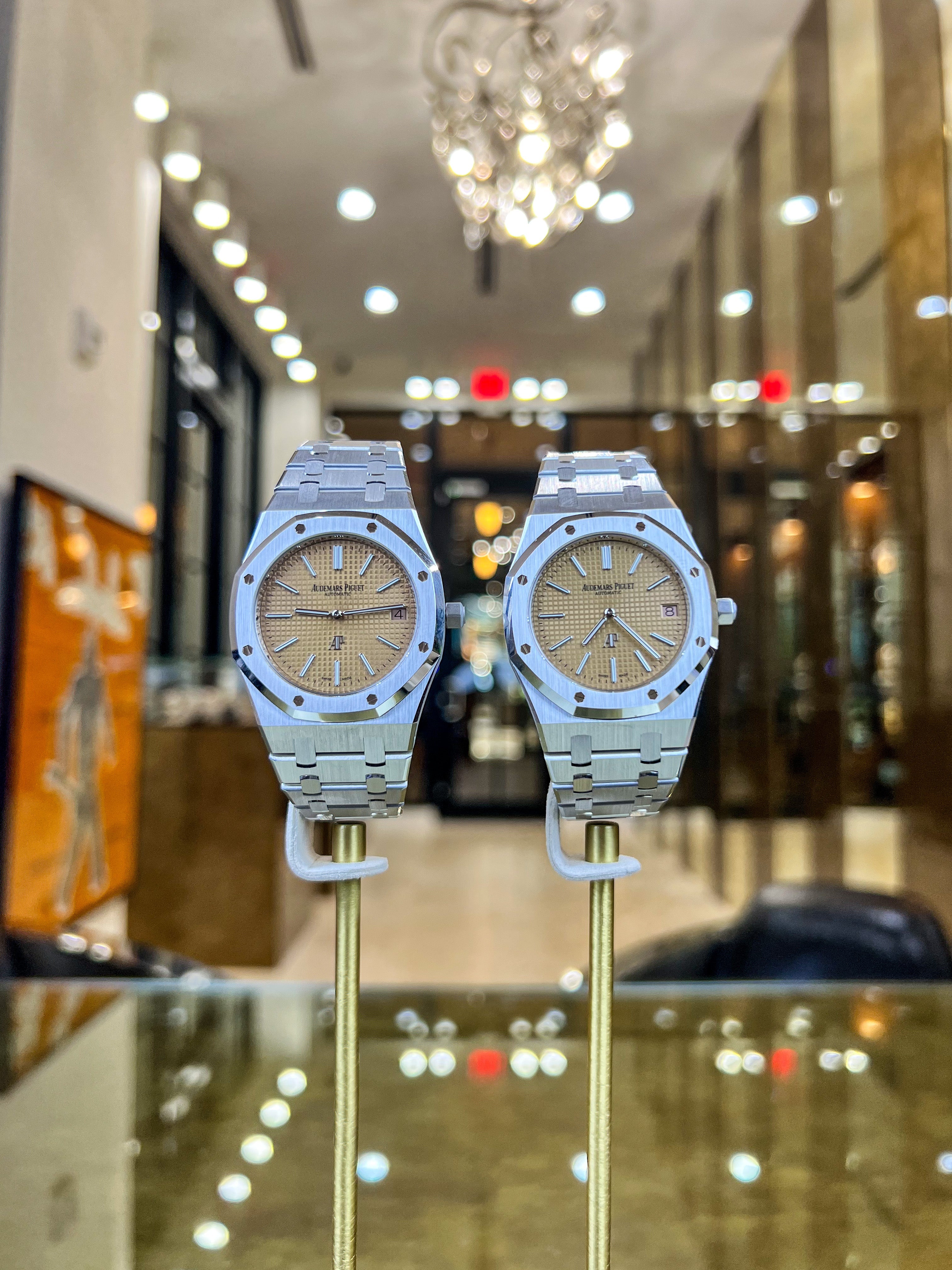 Audemars Piguet Royal Oak Jumbo Salmon dial luxury watch with stainless steel case and bracelet, showcasing its distinctive design.