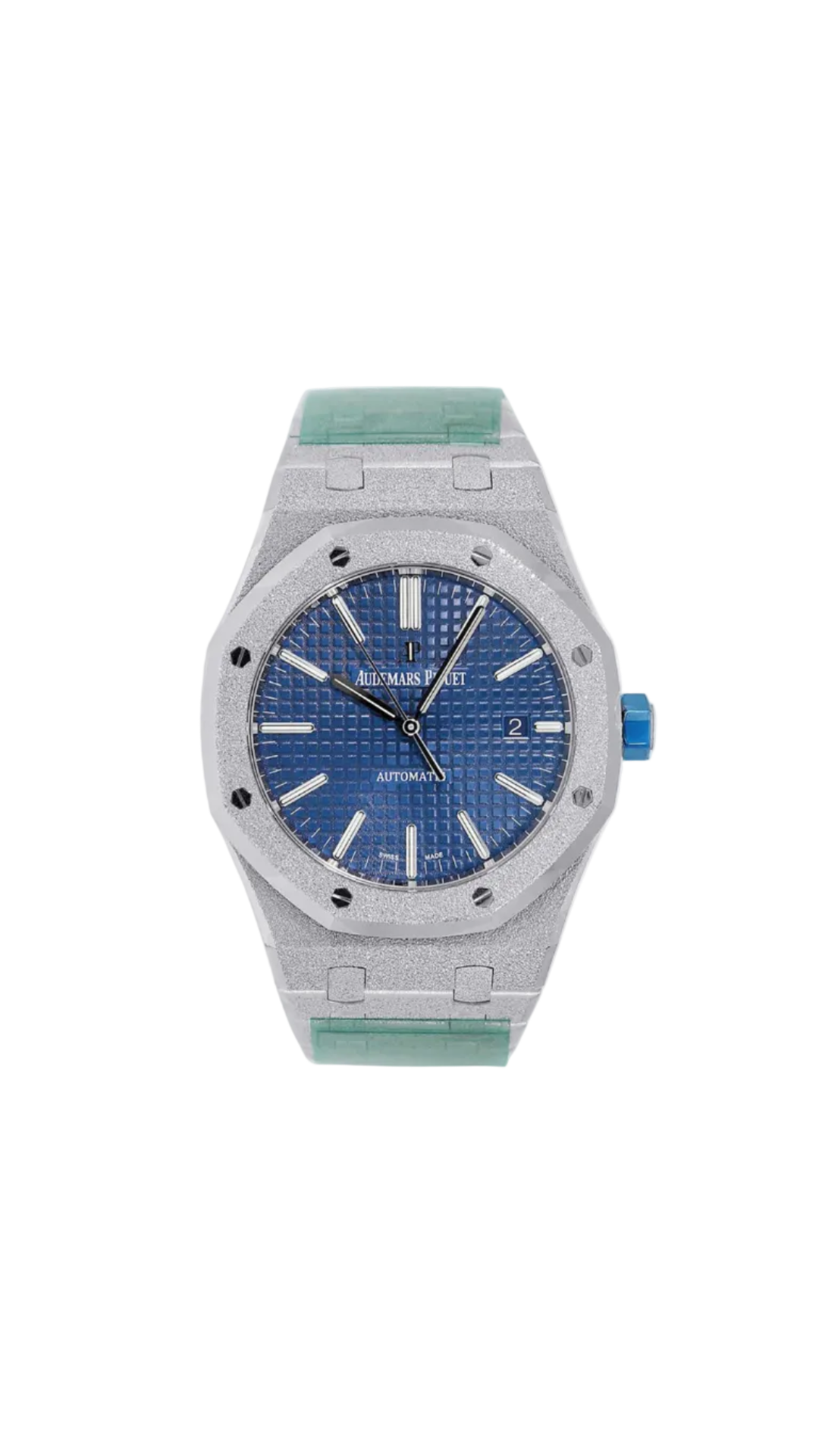 Audemars Piguet Royal Oak Frosted Blue watch with stainless steel bracelet and blue dial, showcasing the signature octagonal bezel.
