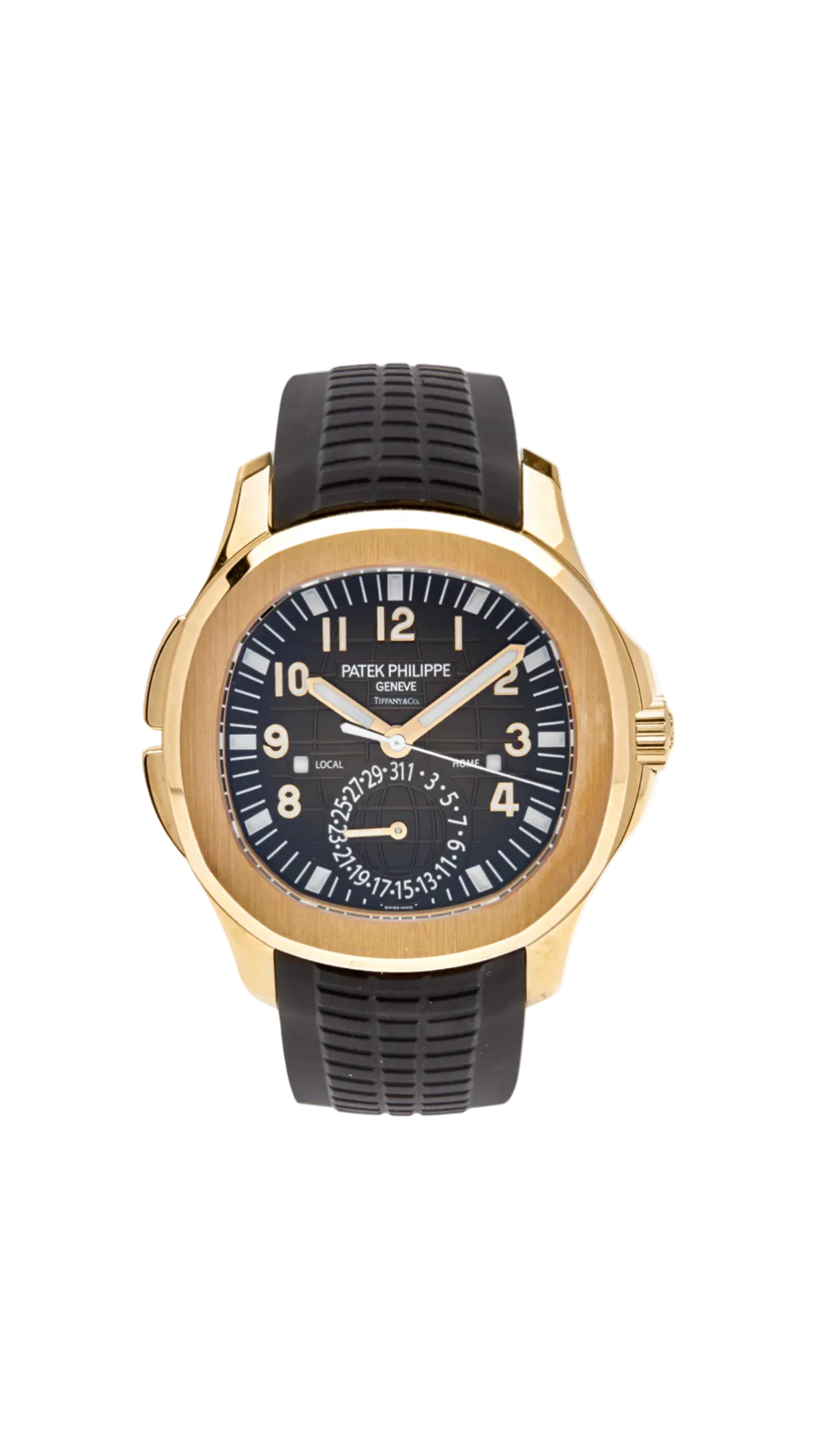 Luxury Patek Philippe Aquanaut Travel Time 5164R-001 watch with Tiffany & Co design, featuring a silver dial and brown strap.