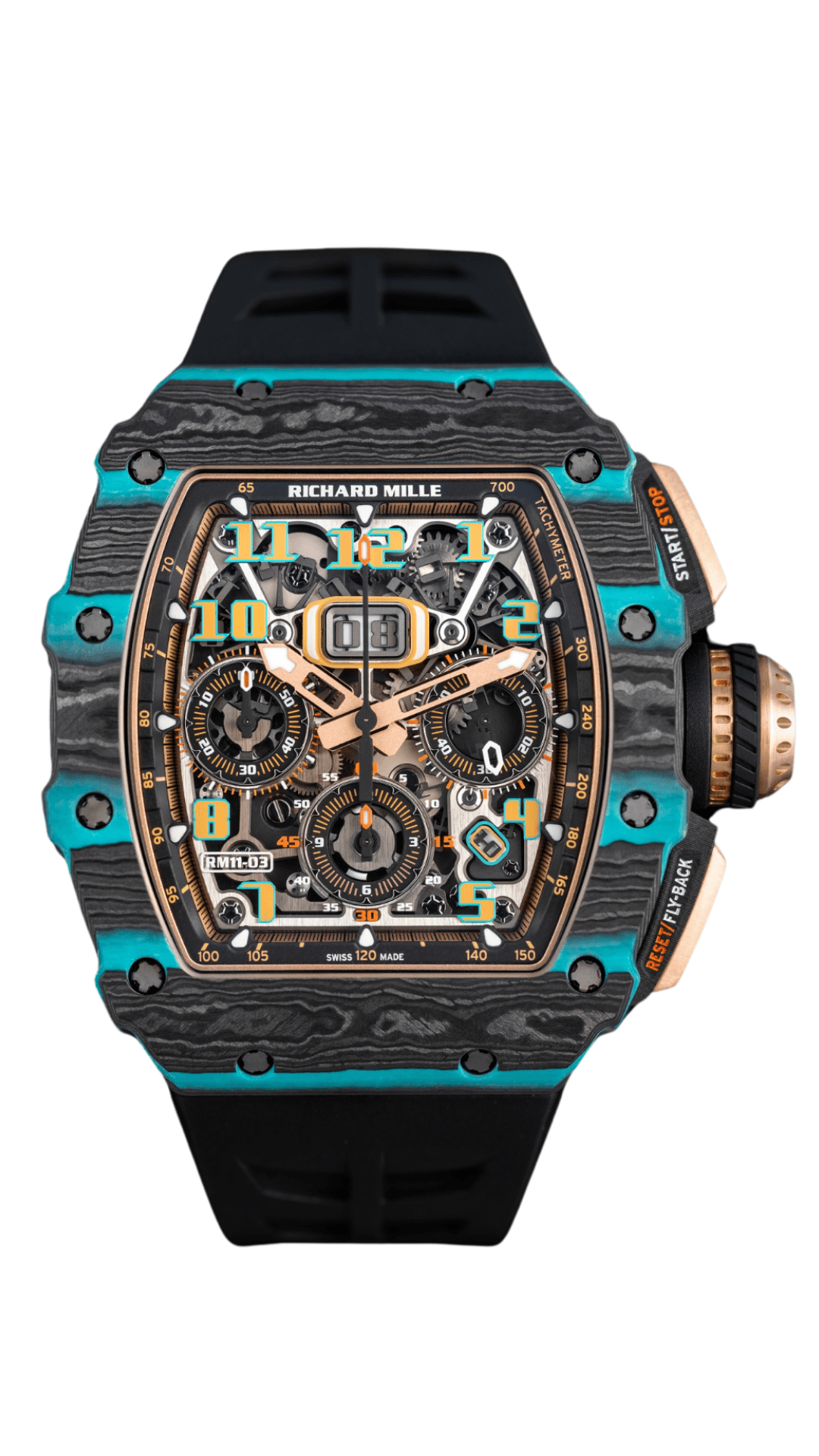 Richard Mille RM11-03 Ultimate Edition luxury watch with black strap and detailed dial, showcasing intricate design and high-end craftsmanship.