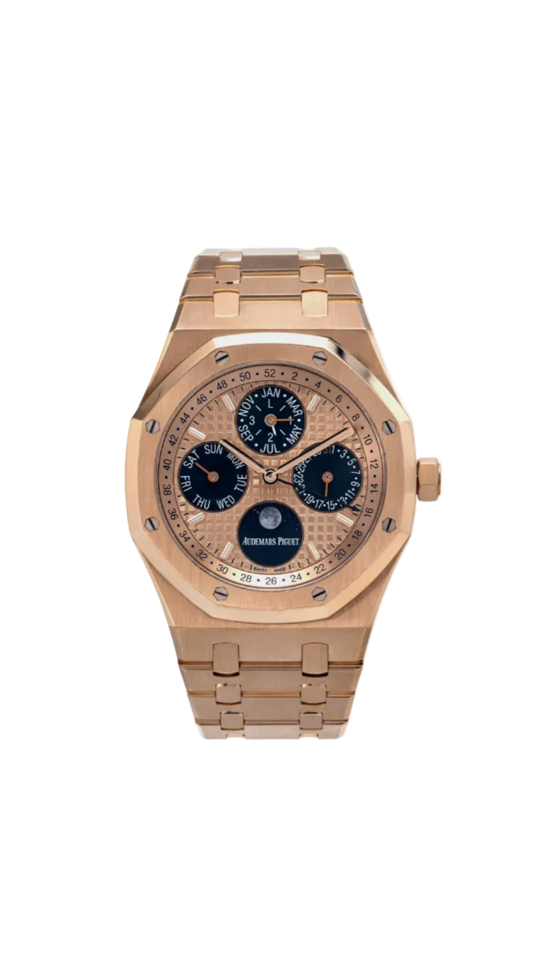 Audemars Piguet Royal Oak Perpetual Calendar watch with gold case, black dial, and detailed calendar subdials.