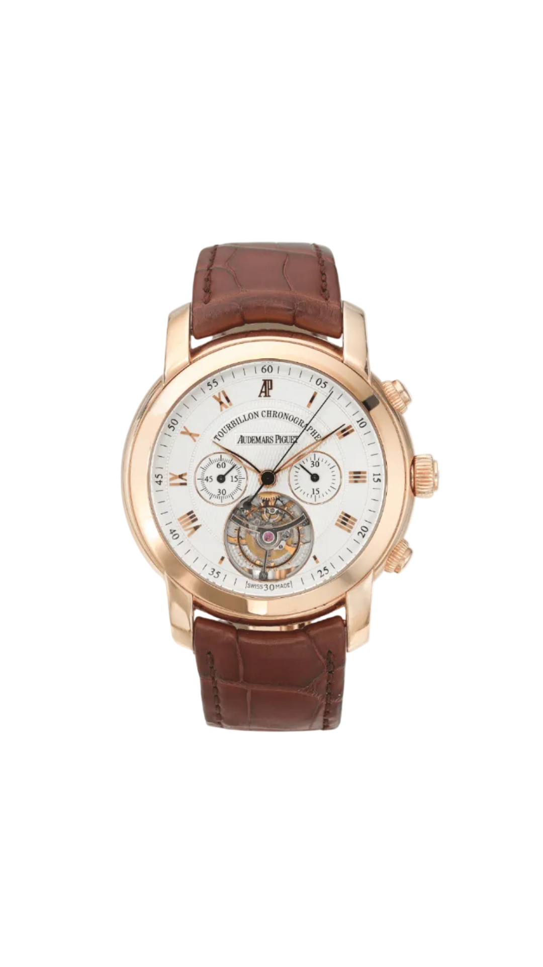 Audemars Piguet Jules Audemars Tourbillon watch with gold case, black leather strap, and visible intricate tourbillon mechanism.