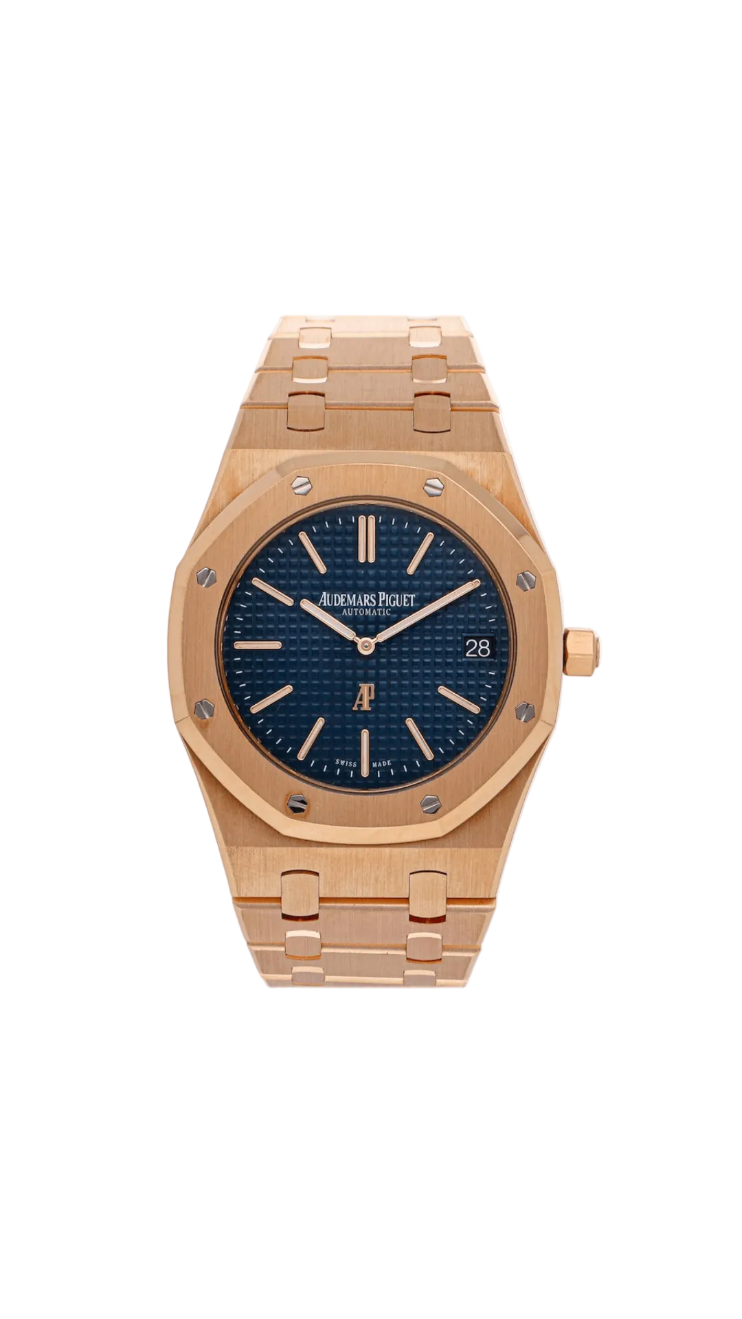 Audemars Piguet Royal Oak Jumbo Extra Thin gold wristwatch with octagonal bezel and stainless steel bracelet.