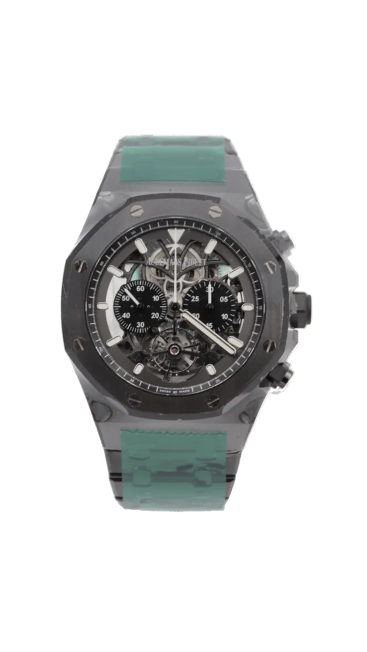 Audemars Piguet Royal Oak Chronograph Tourbillon watch with silver dial, stainless steel case, and intricate tourbillon visible.
