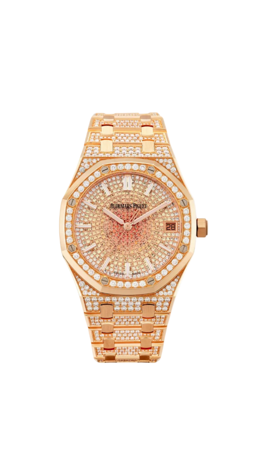 Audemars Piguet Royal Oak watch with gold case and bracelet, blue dial, and octagonal bezel, displayed on a white background.