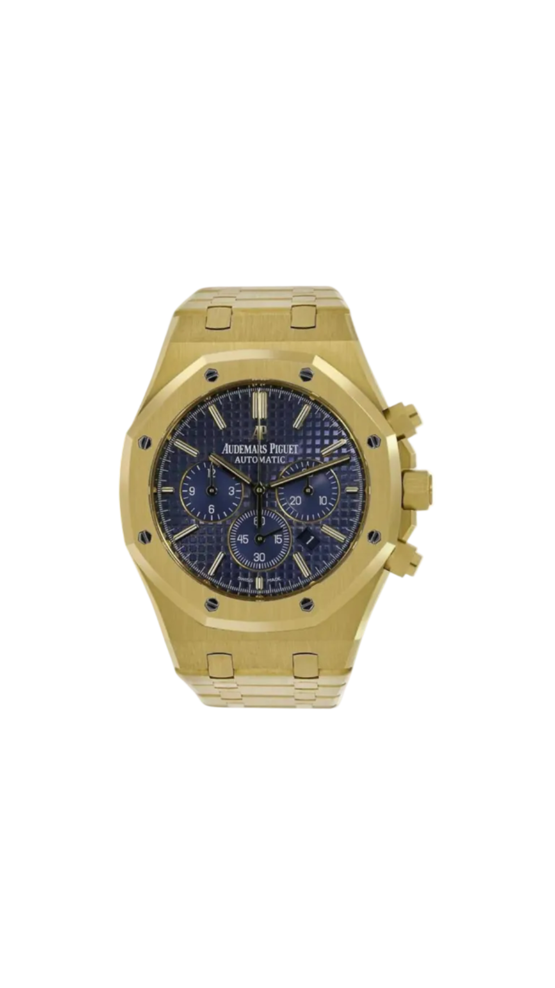 Audemars Piguet Royal Oak yellow gold selfwinding watch with octagonal bezel and integrated bracelet, detailed close-up shot.