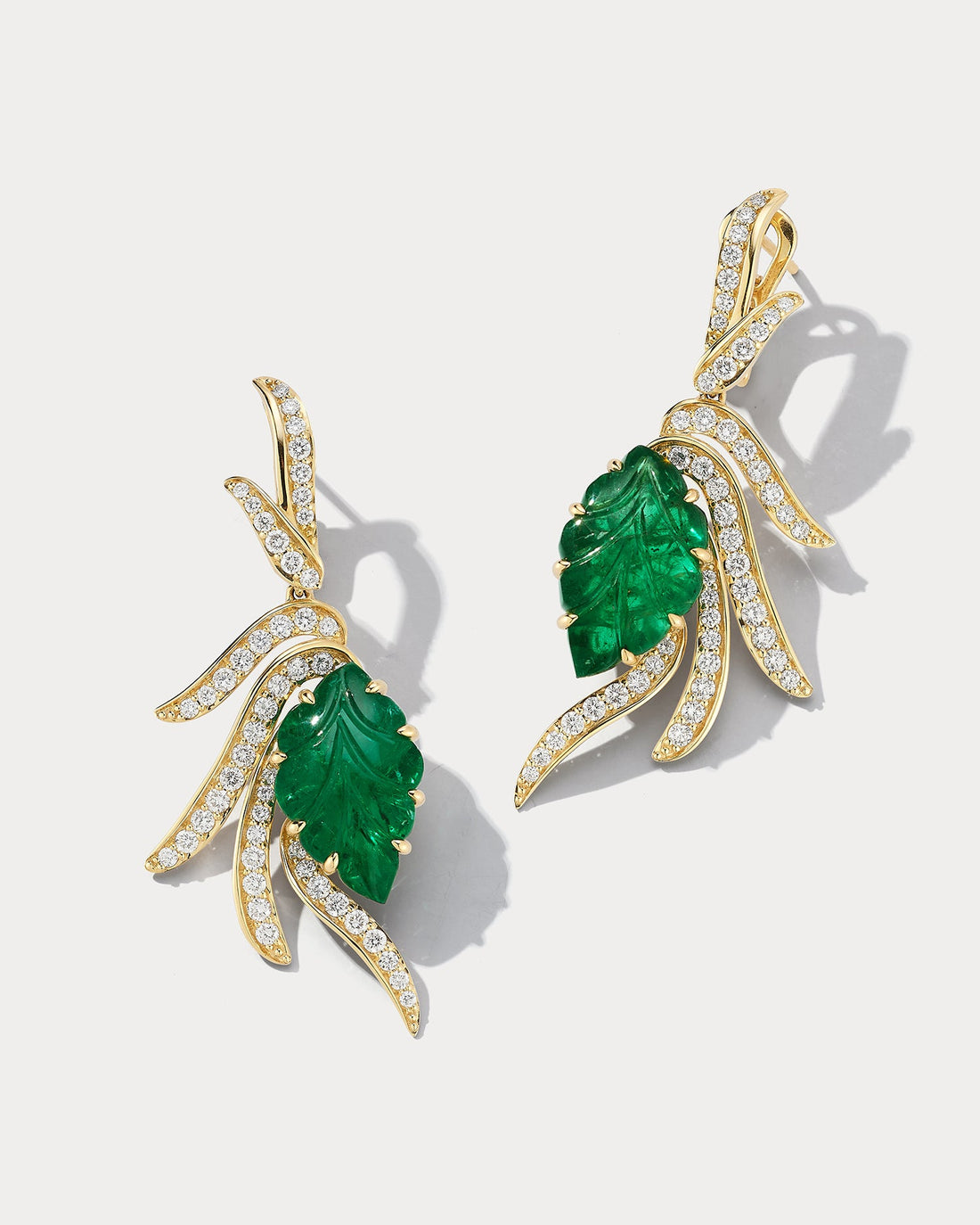 Yellow Gold &amp; Carved Emerald Hanging Diamonds Earrings - Ammrada
