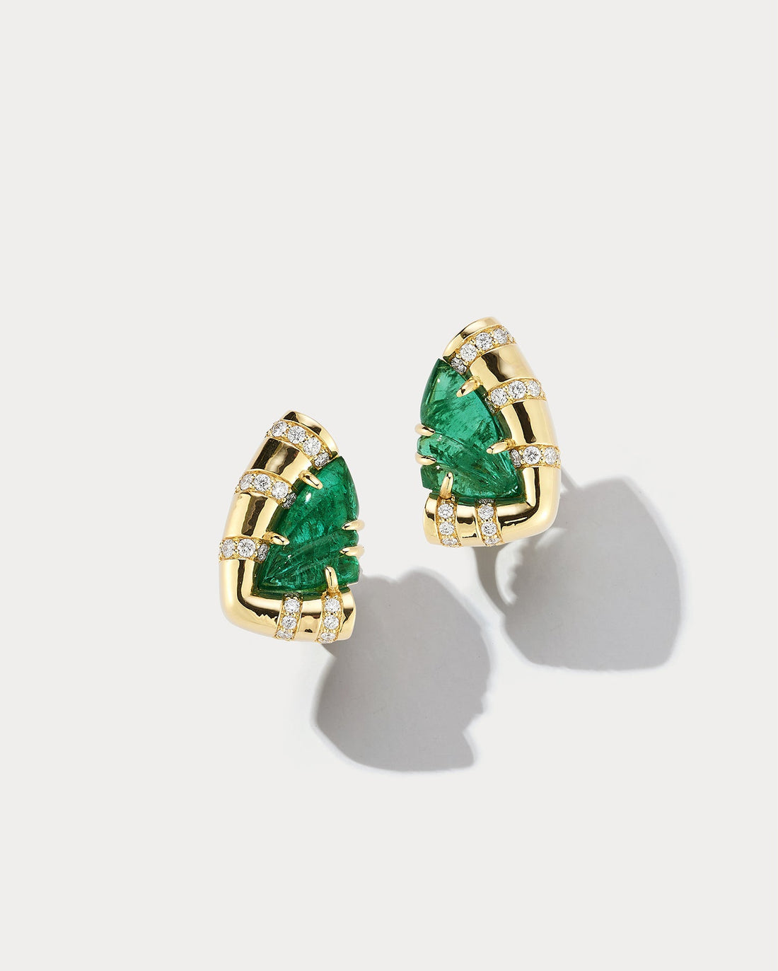 Yellow Gold &amp; Carved Emerald Butterfly Button Earrings - Ammrada