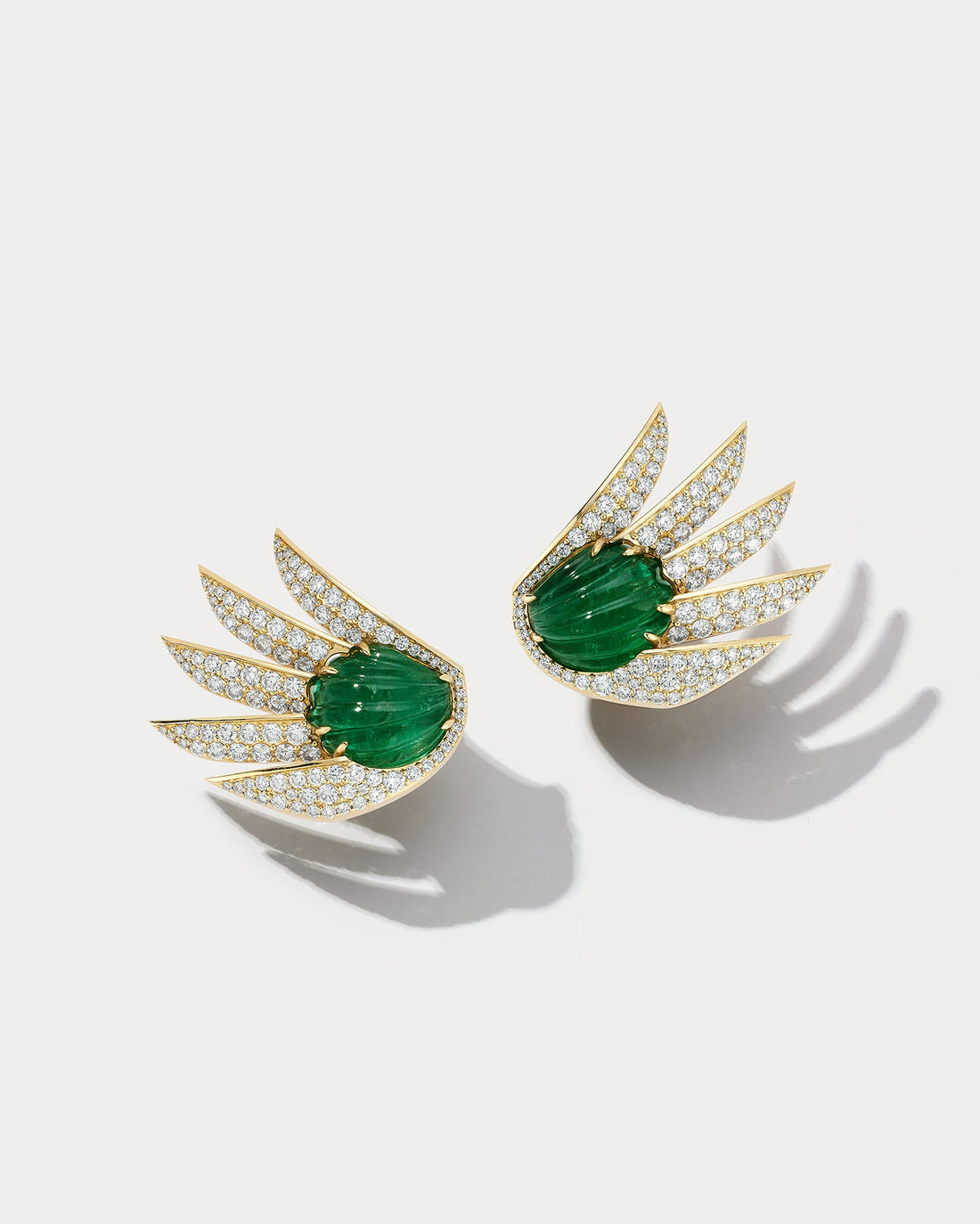 Yellow Gold &amp; Carved Emerald Large Flower Diamond earrings - Ammrada