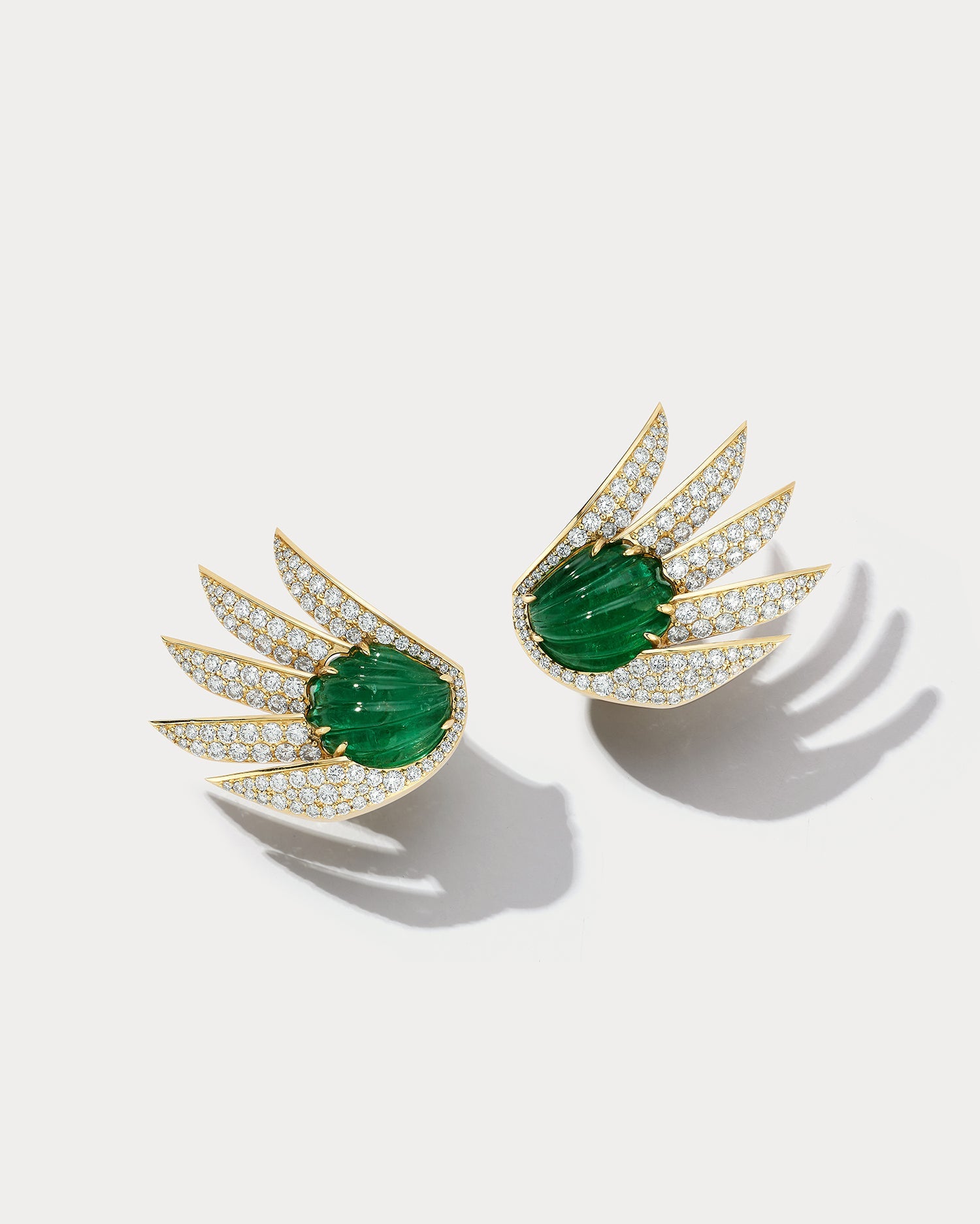 Yellow Gold &amp; Carved Emerald Large Flower Diamond earrings - Ammrada