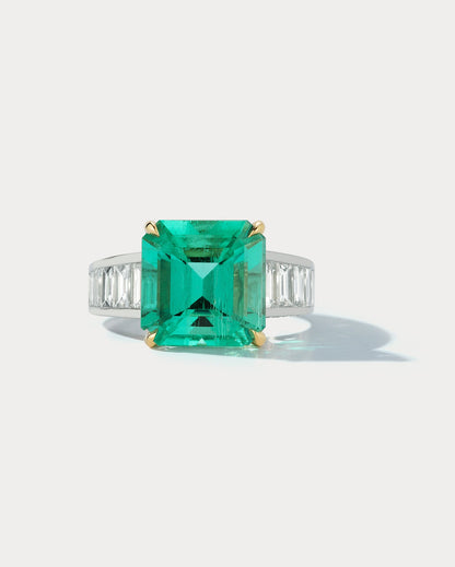 Platinum &amp; 18k YG Channel Ring Set with Colombian Muzo 5.86 Emerald Cut - Ammrada