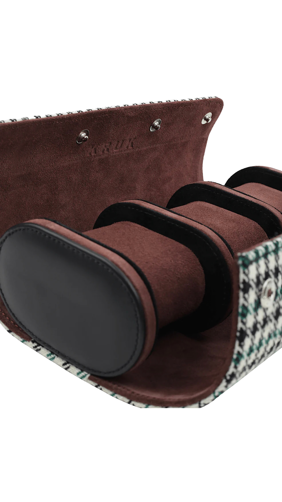 KRUK Green Pepita Watch Travel &amp; Storage Case by The VAULT with chocolate suede lining, featuring a compact, protective design for watches.