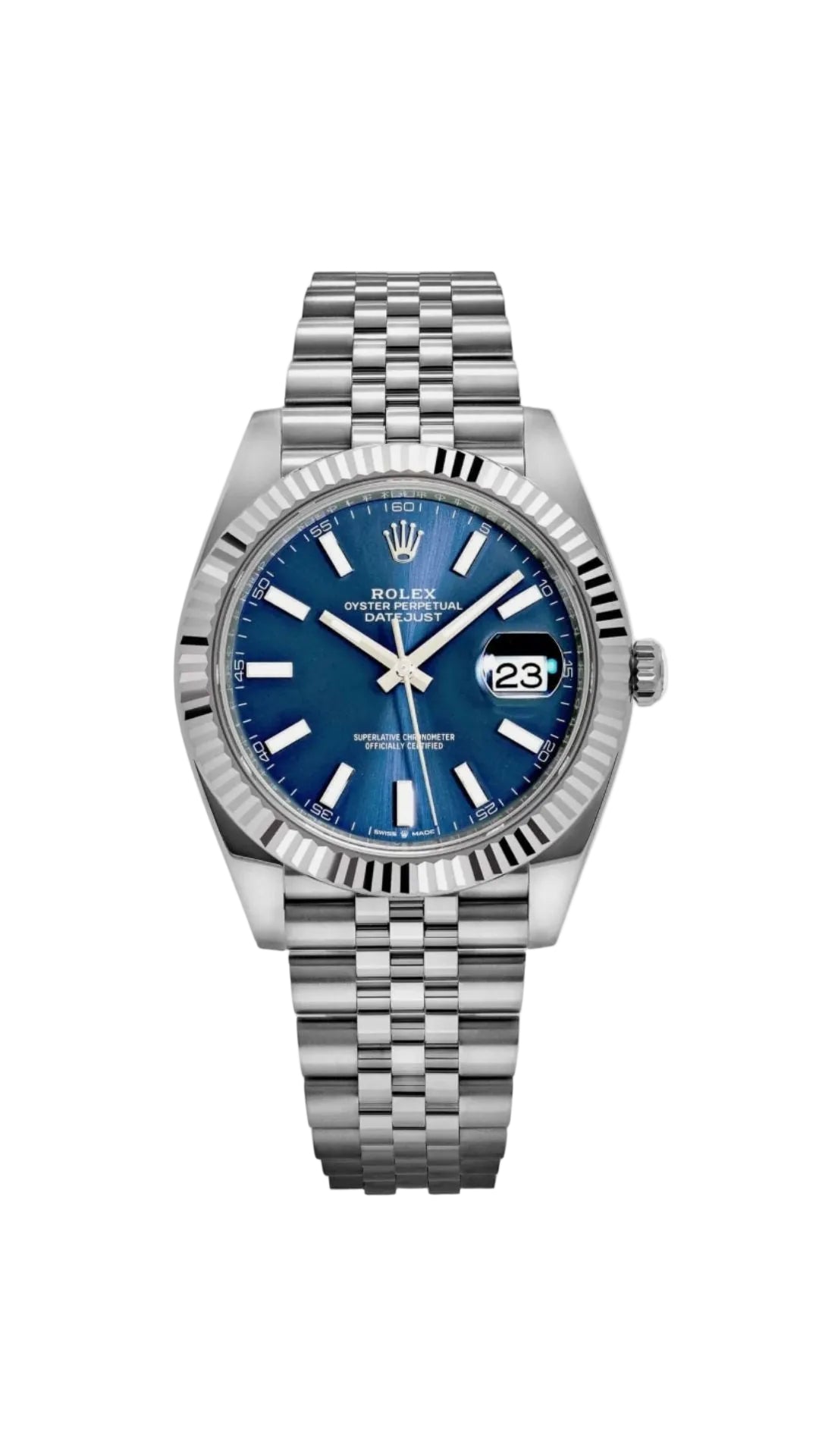 Stainless steel Rolex Datejust 41 watch with blue dial and Jubilee bracelet, showcasing elegant luxury and precise craftsmanship.