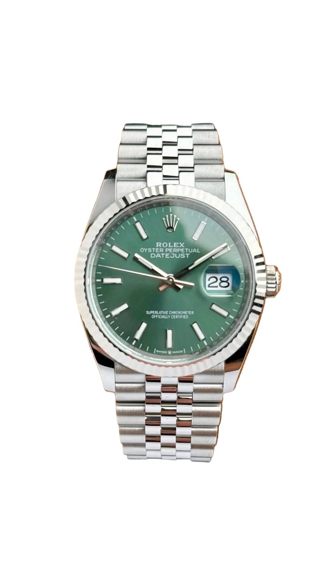 Rolex Datejust 36 stainless steel watch with mint green dial and Oyster bracelet on a white background.
