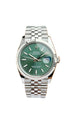 Rolex Datejust 36 stainless steel watch with mint green dial and Oyster bracelet on a white background.