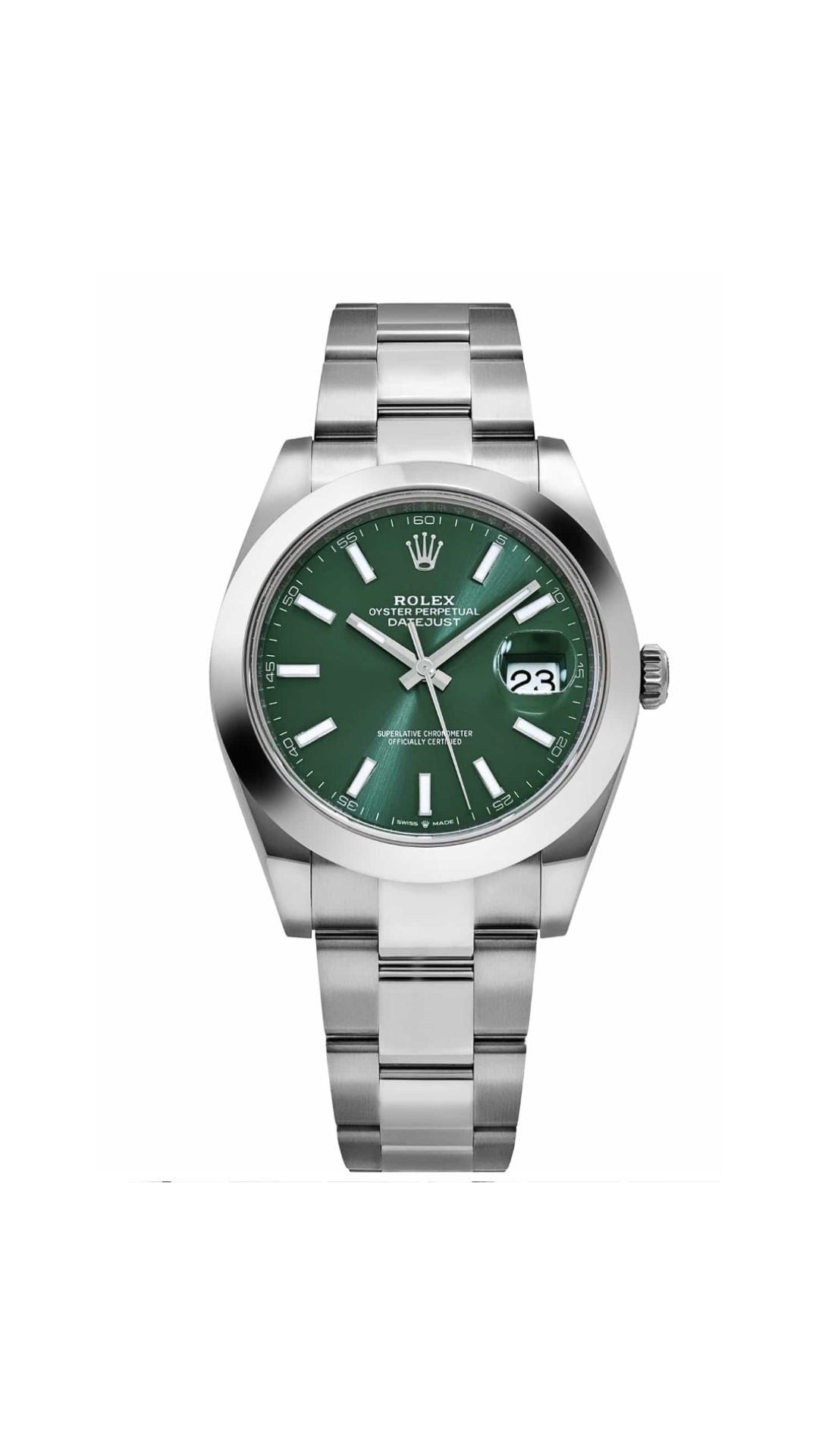 Rolex Datejust 41 stainless steel watch with green dial and oyster bracelet, showcasing a luxury timepiece from The VAULT.