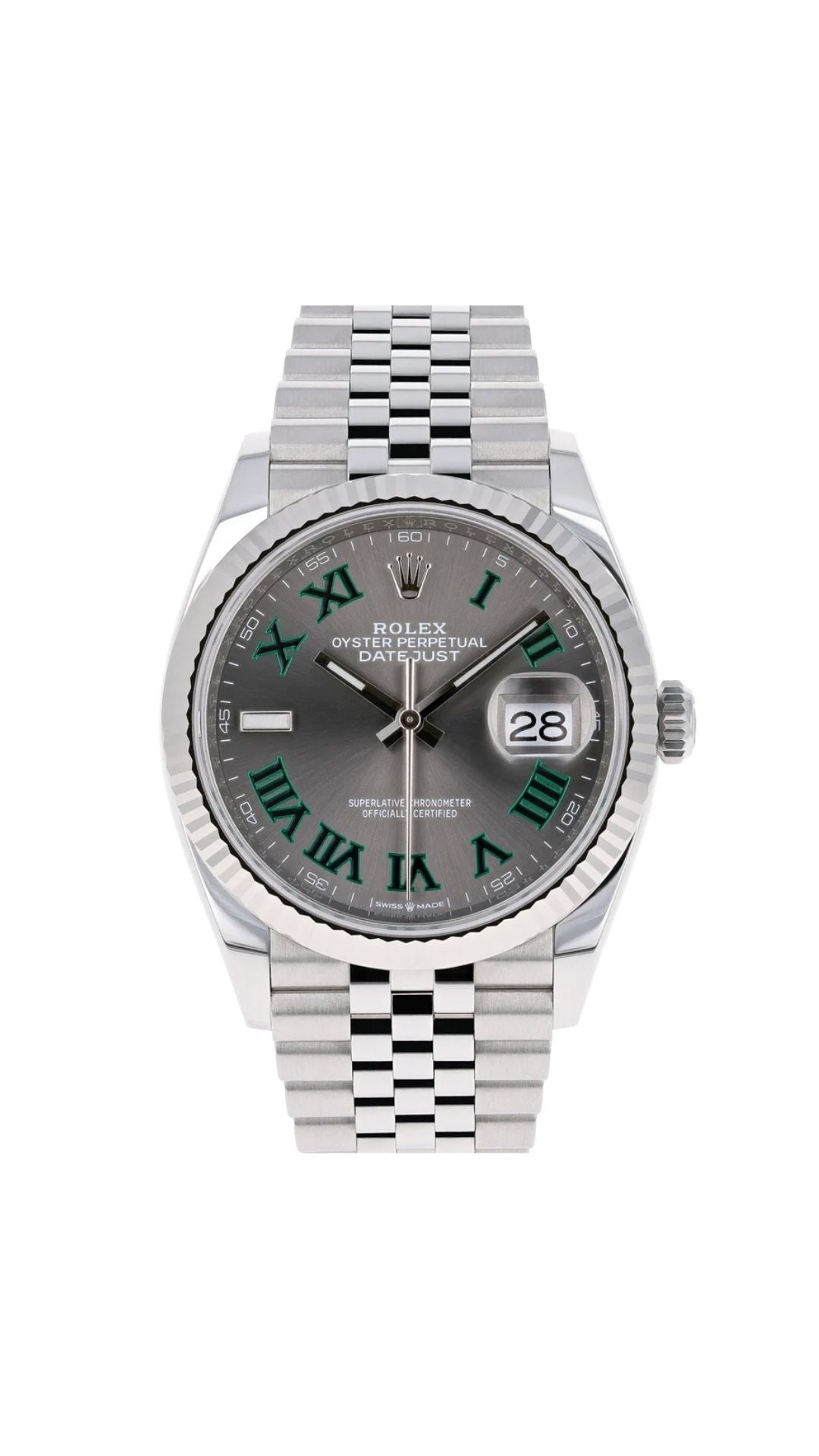 Rolex Datejust 36 stainless steel watch with a slate Wimbledon dial and Jubilee bracelet, showcasing elegant luxury and craftsmanship.